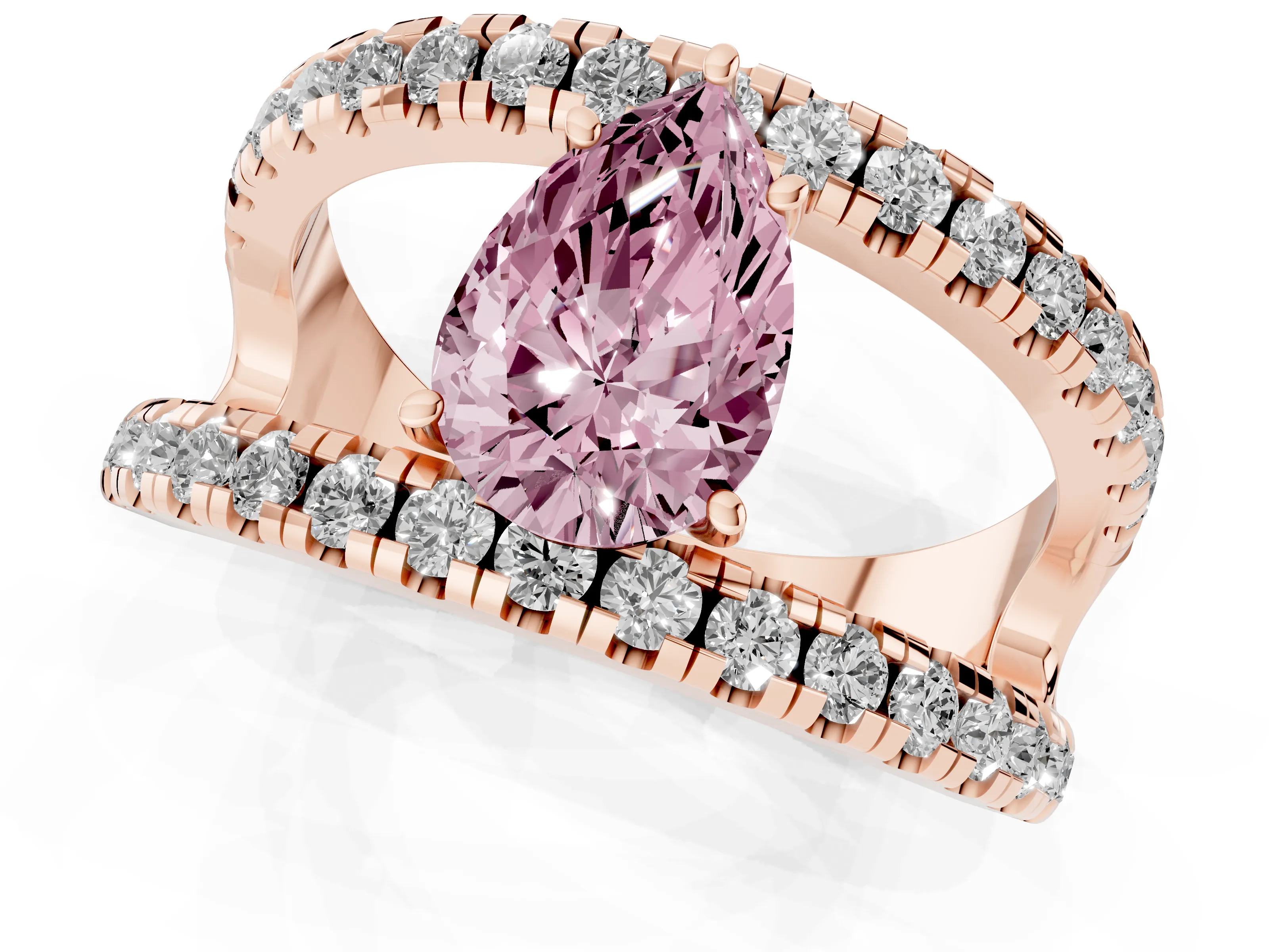Fancy Pink Pear Cut Diamond Split Shank Pavé Solitaire Ring Set in Rose gold with Open Shank Design
