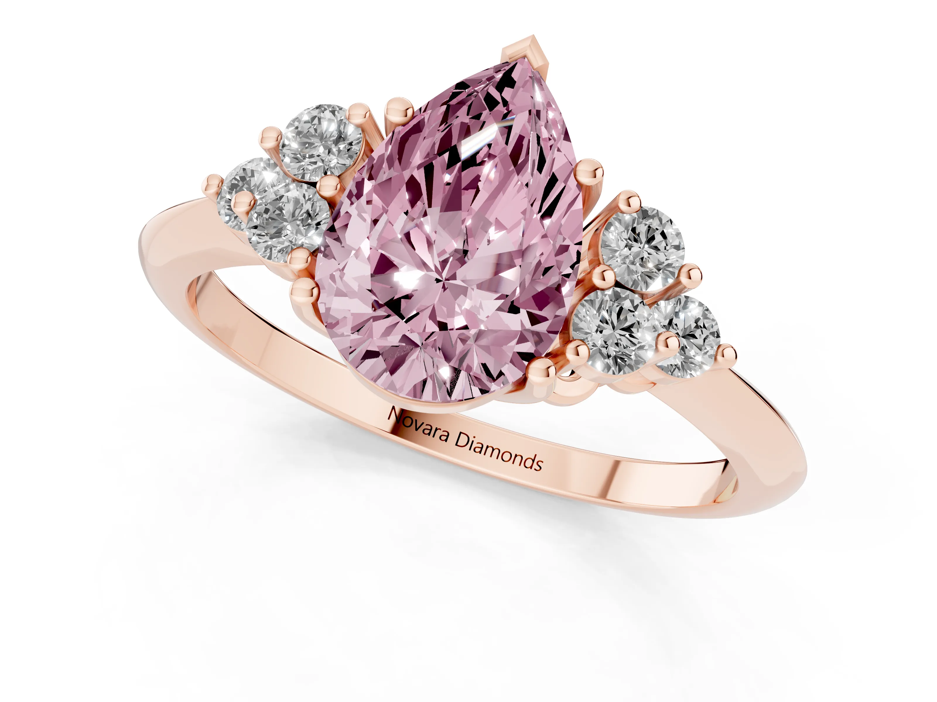 Fancy Pink Pear Cut Diamond Cluster Ring Set in Rose gold with Plain Band and Prong Setting