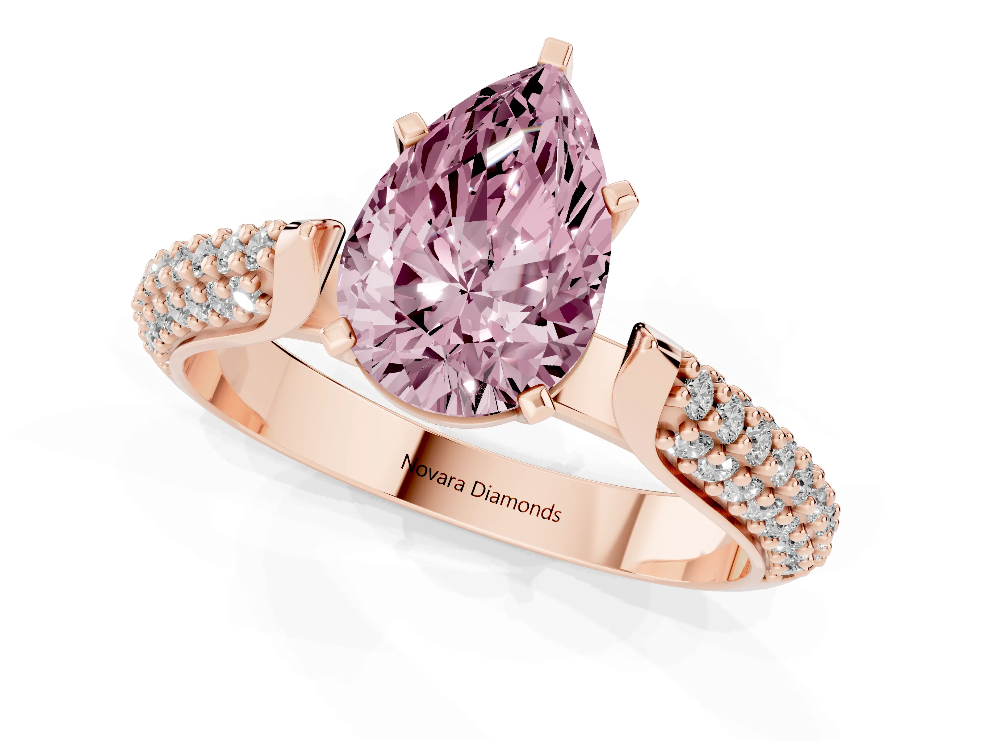 Fancy Pink Pear Cut Diamond Solitaire Engagement Ring Set in Rose gold with Multi-Row Round Pavé Band and Prong Setting