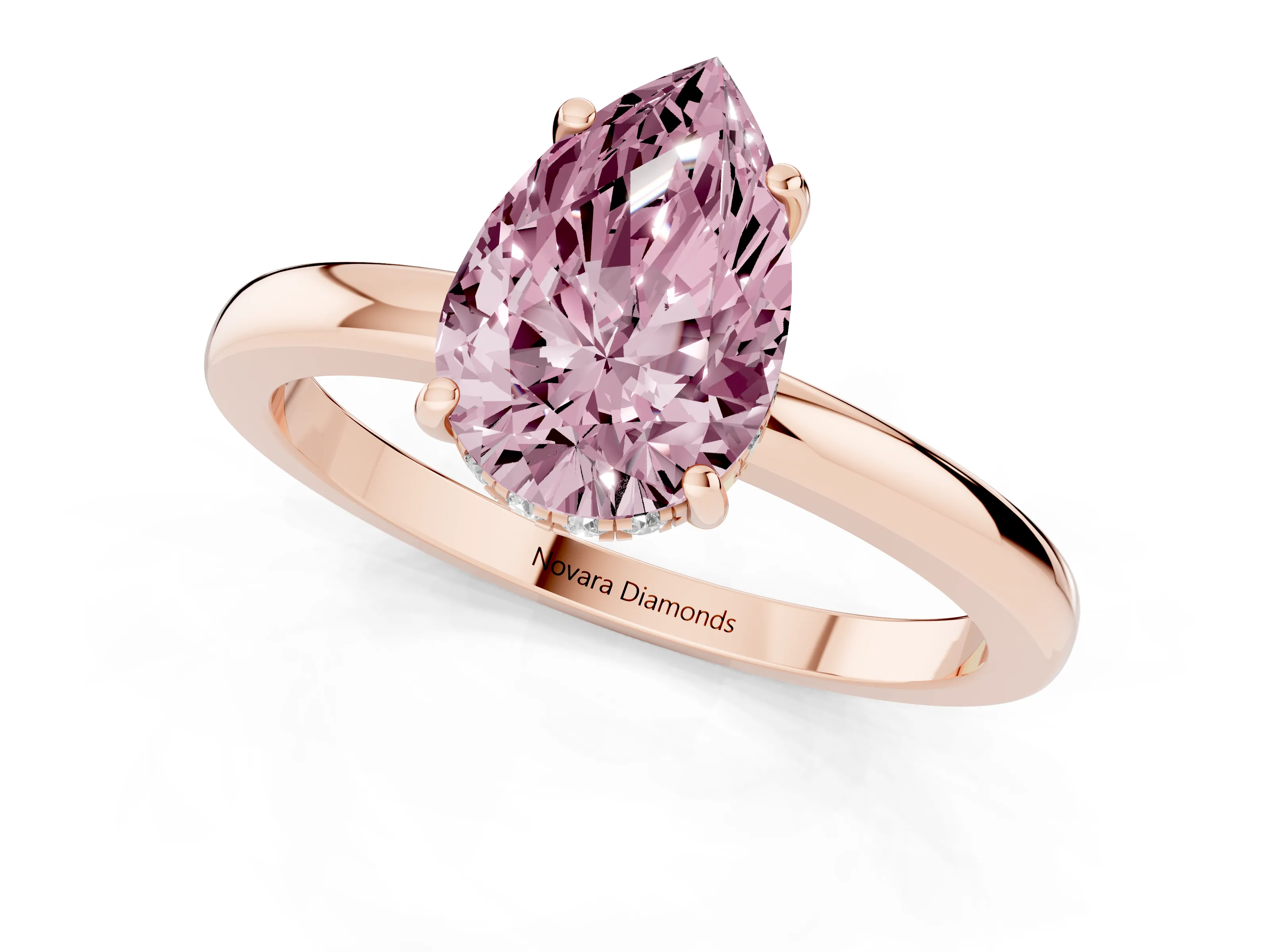 Fancy Pink Pear Cut Diamond Solitaire Ring Set in Rose gold with Plain Band and Prong Setting