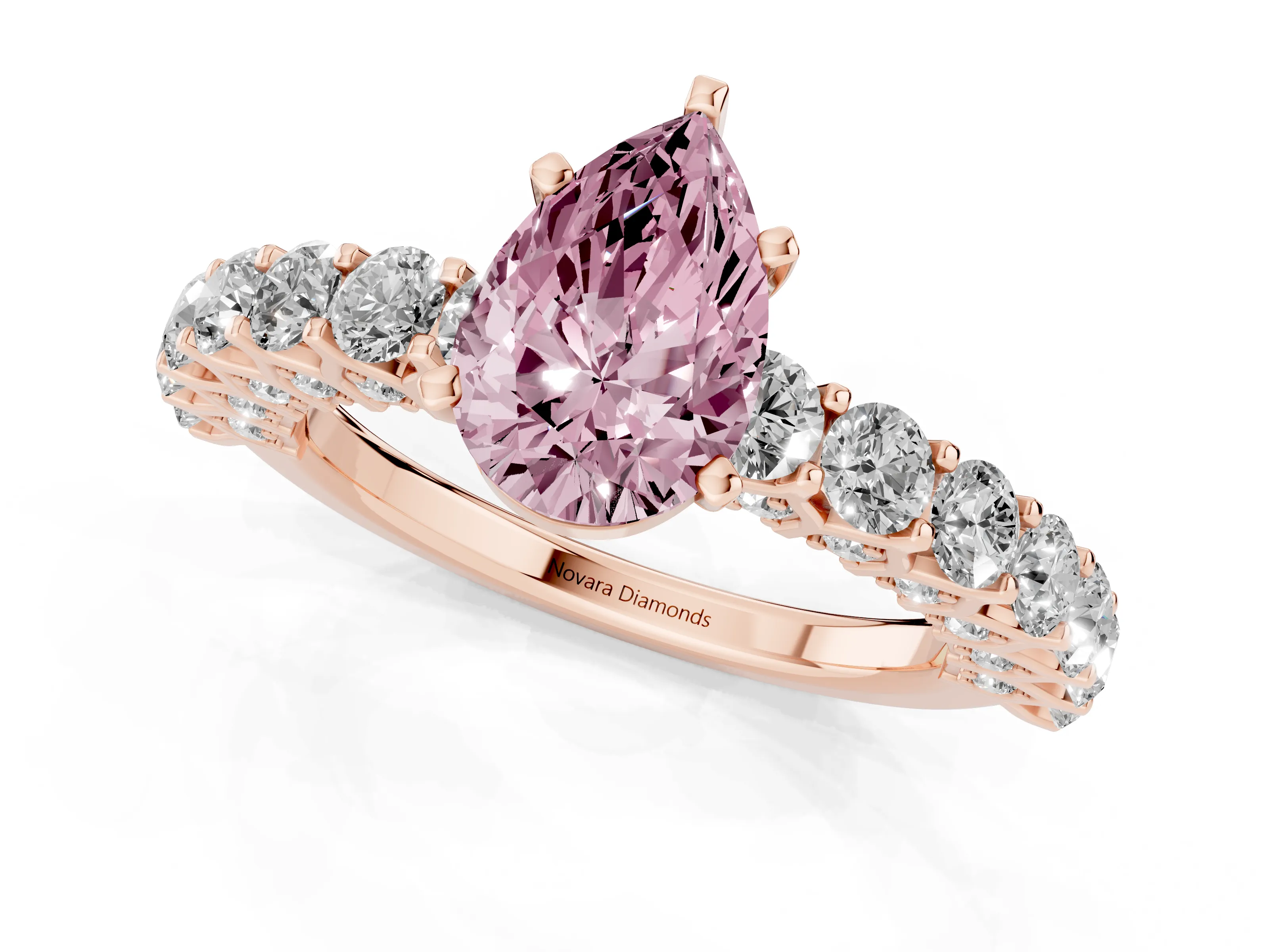 Fancy Pink Pear Cut Diamond Solitaire Ring Set in Rose gold with Shared Prong Pavé Band