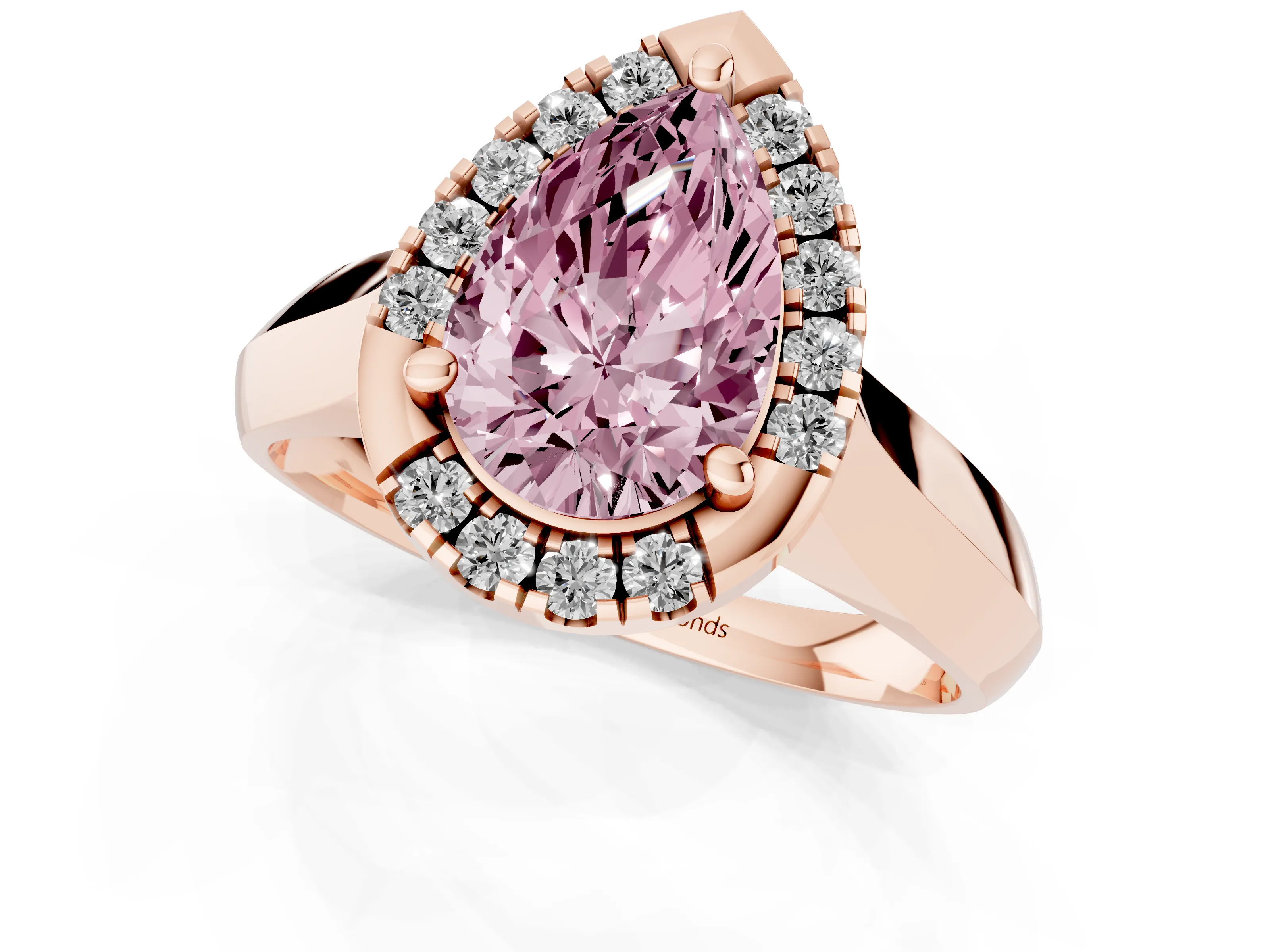 Fancy Pink Pear Cut Diamond Halo Solitaire Engagement Ring Set in Rose gold with Square Band and Prong Setting