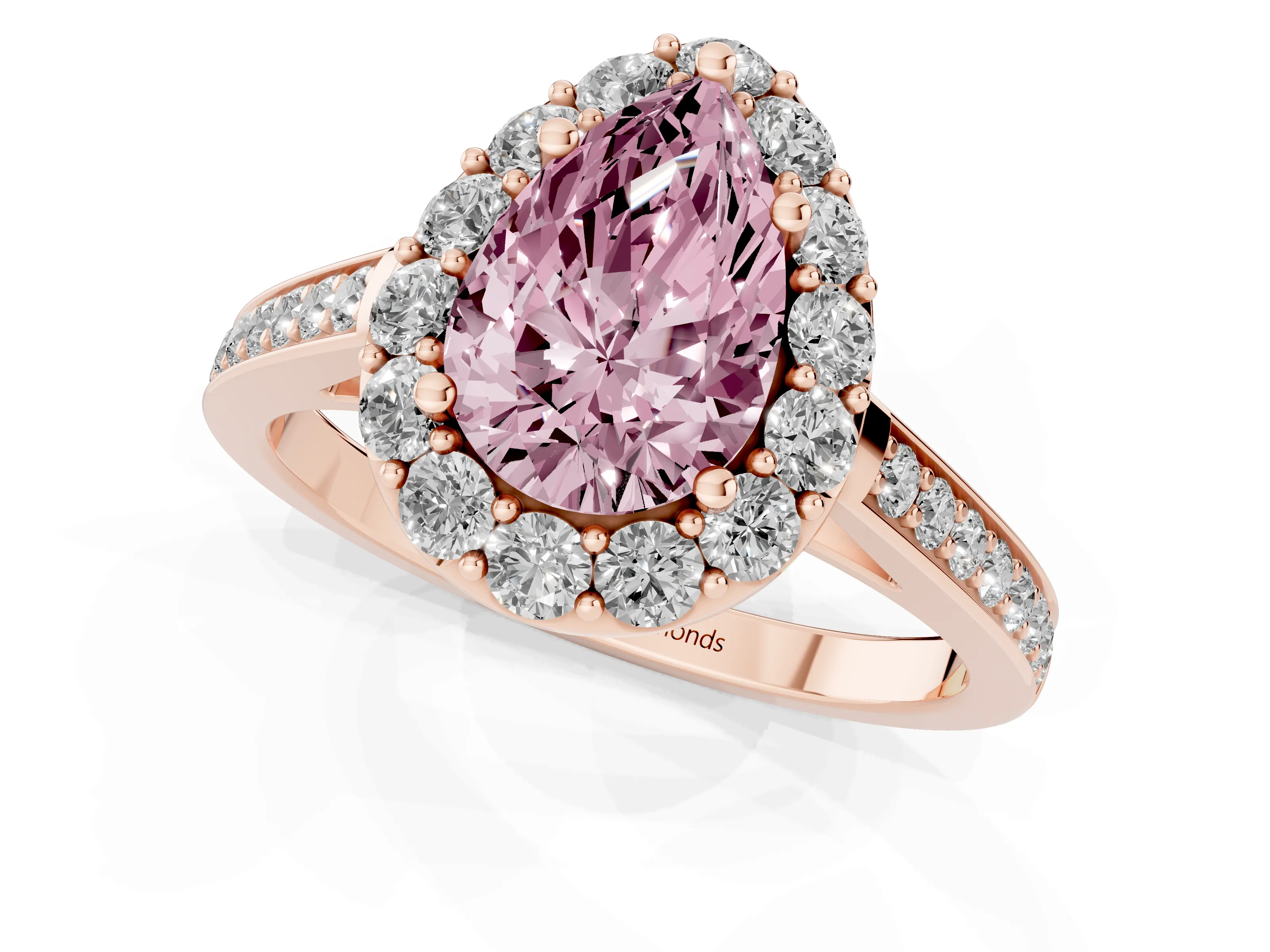 Fancy Pink Pear Cut Diamond Floral Halo Ring Set in Rose gold with Pavé Band and Prong Setting