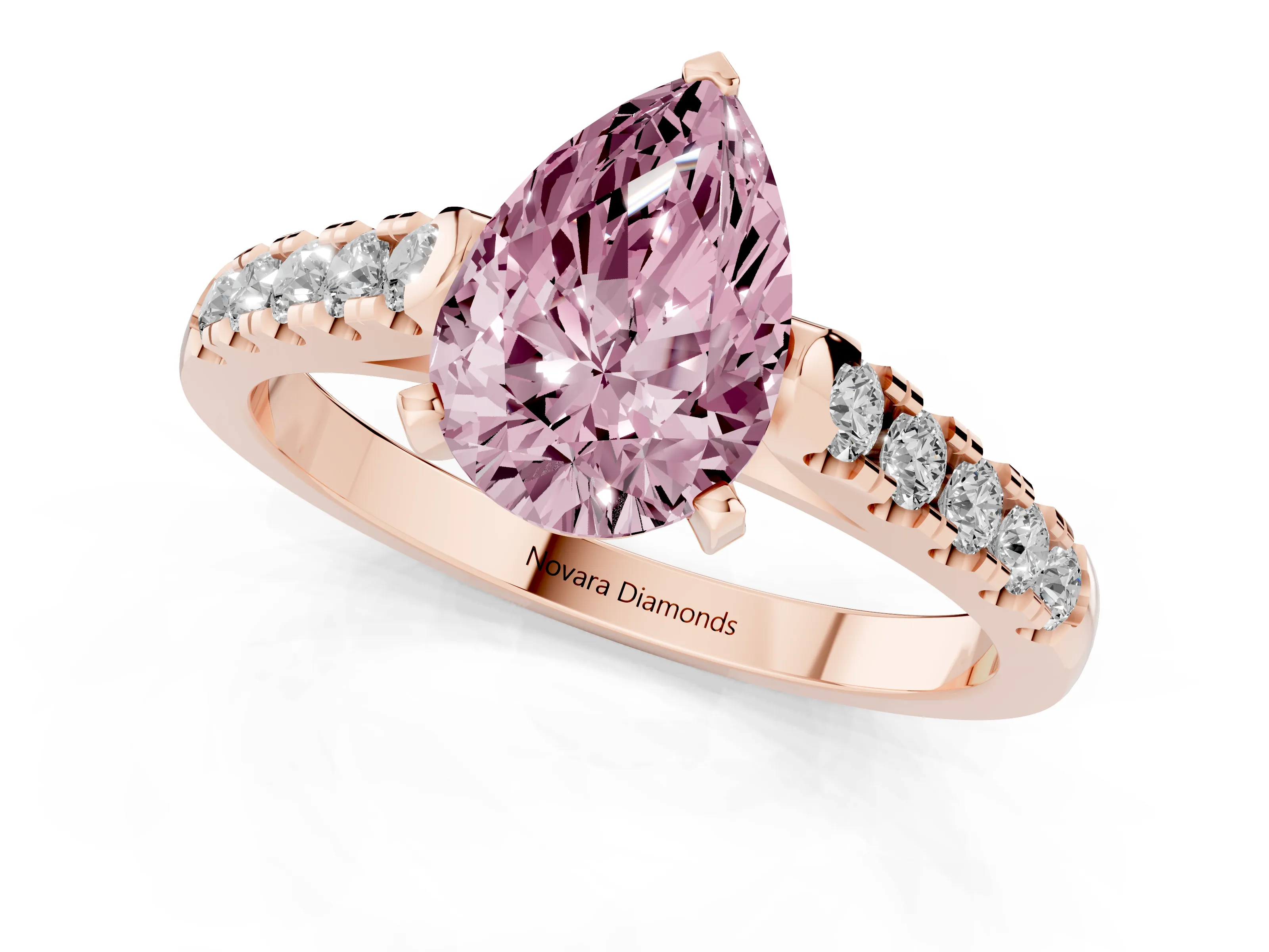 Fancy Pink Pear Cut Diamond Pavé Band Solitaire Ring Set in Rose gold with Partway Accent Stones and Prong Setting