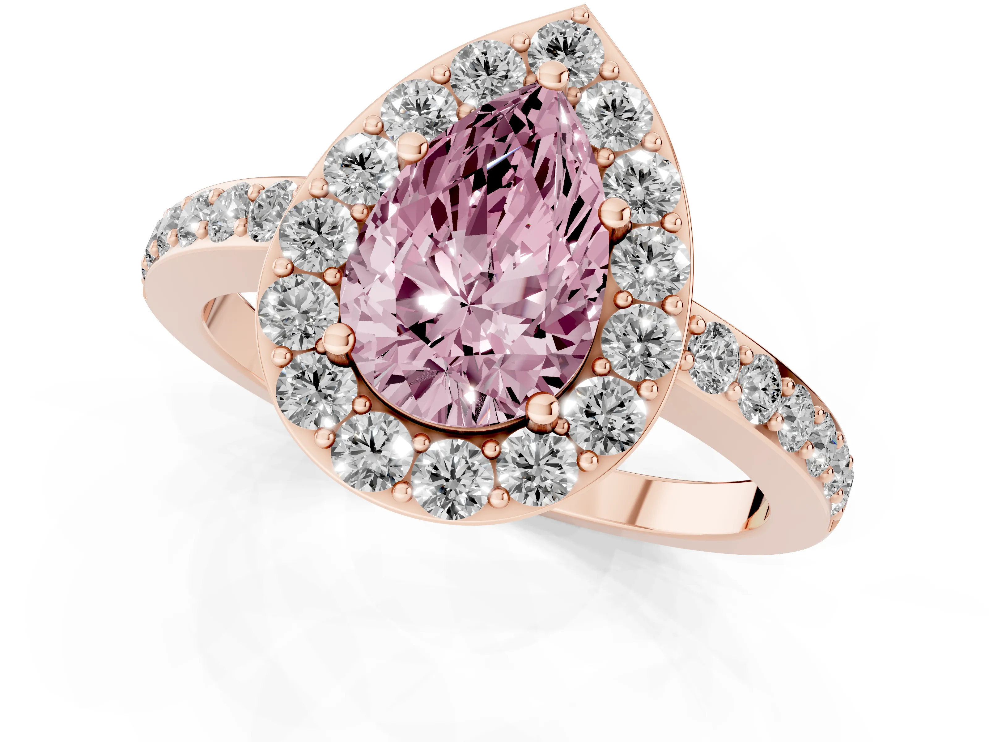 Fancy Pink Pear Cut Diamond Halo Ring Set in Rose gold with Pavé-Setting Band and Open Prong Center
