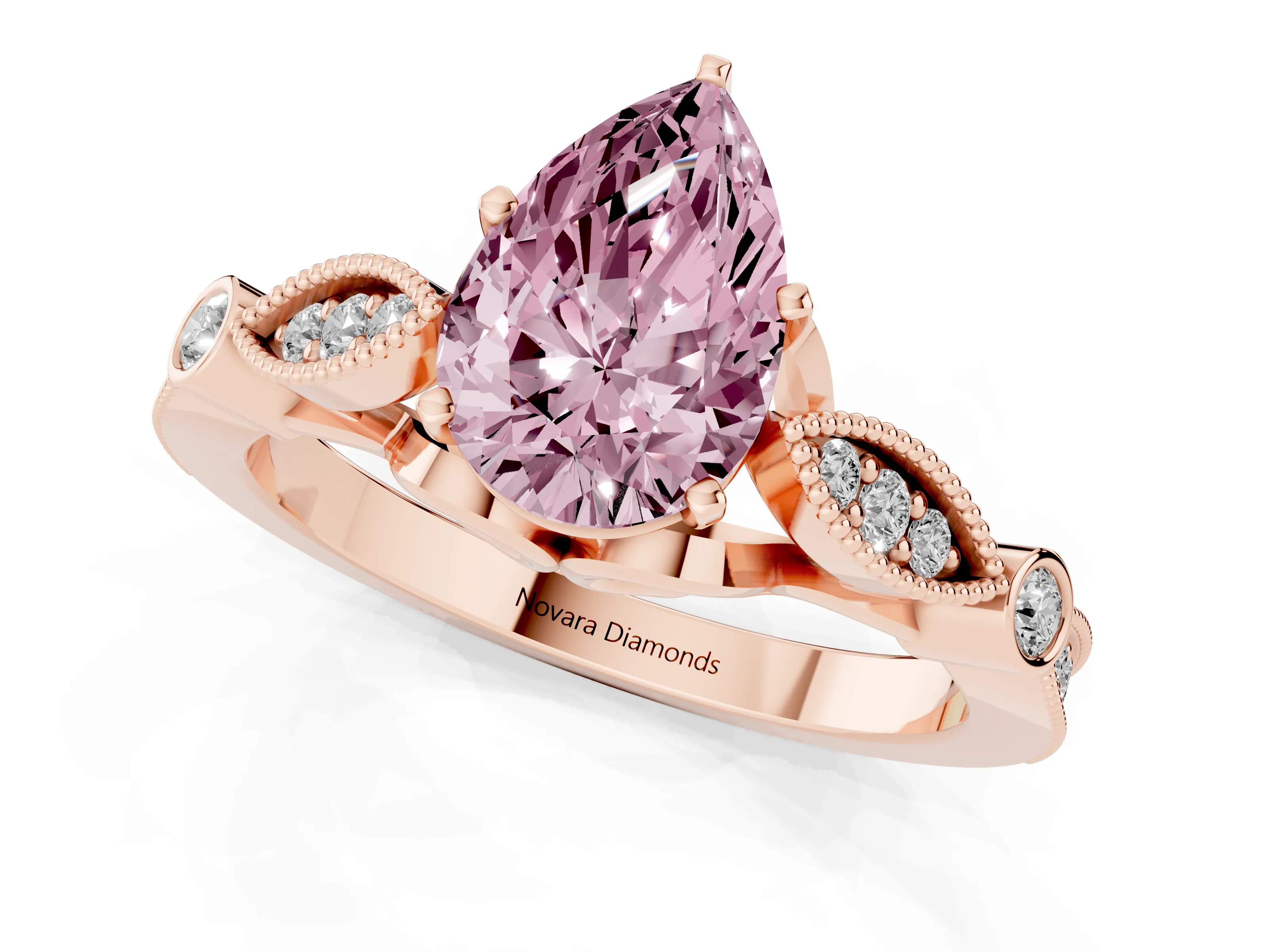 Fancy Pink Pear Cut Diamond Solitaire Ring Set in Rose gold with Milgrain Marquise and Bezel Accents