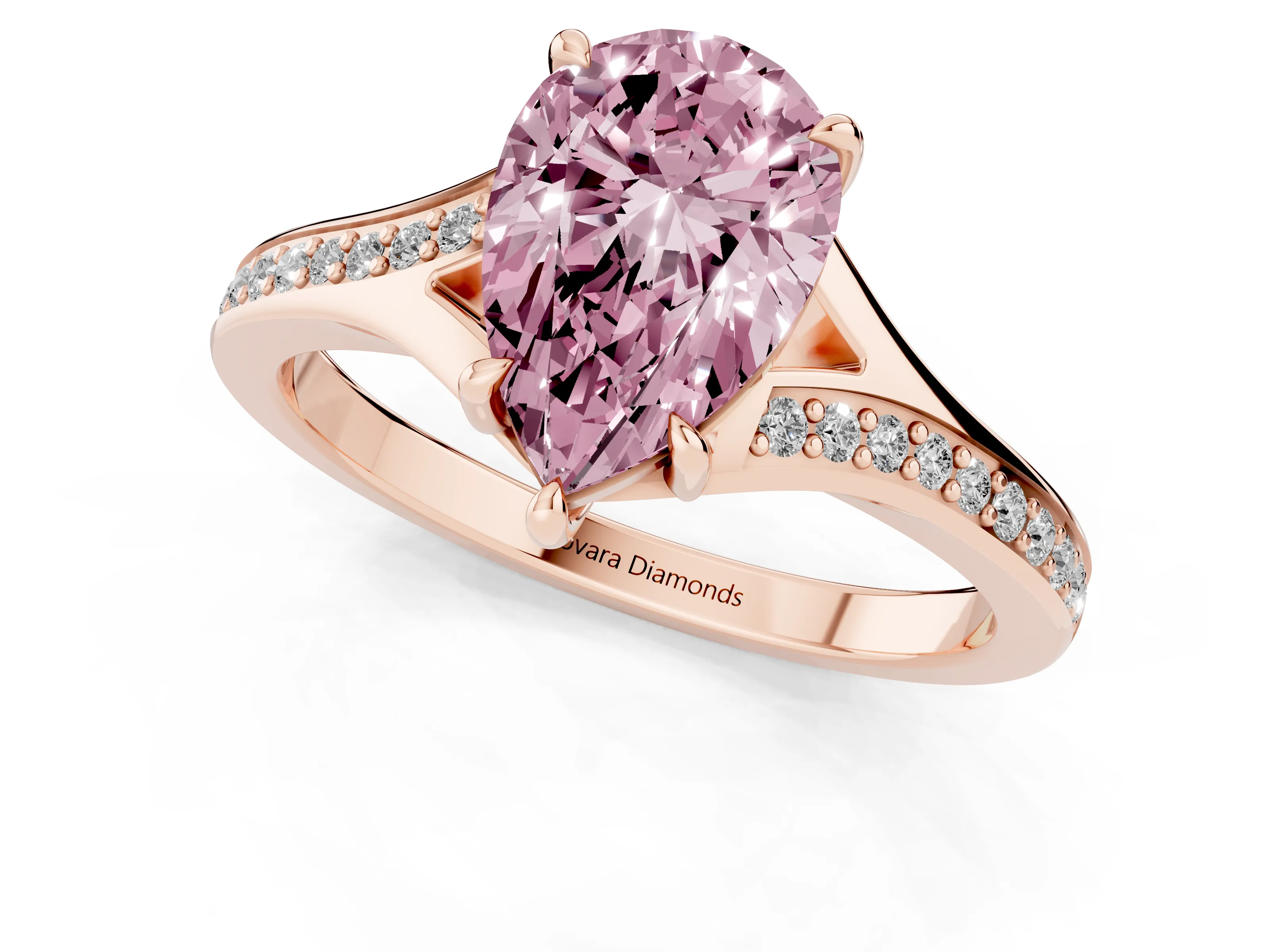 Fancy Pink Pear Cut Diamond Solitaire Ring Set in Rose gold with Pavé Accent Band and Classic Prong Setting