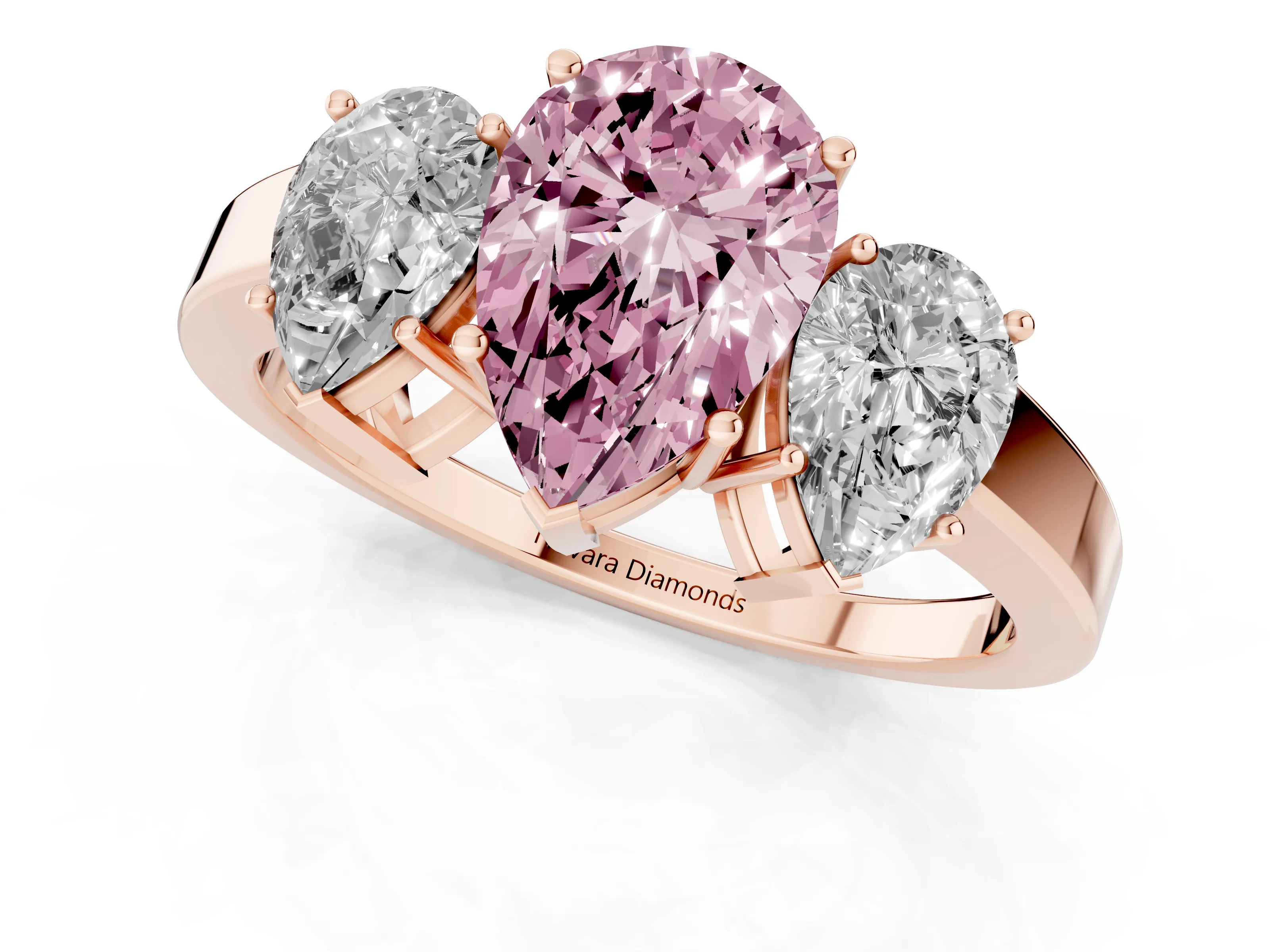 Fancy Pink Pear Cut Diamond Three-Stone Engagement Ring Set in Rose gold with Flat Band