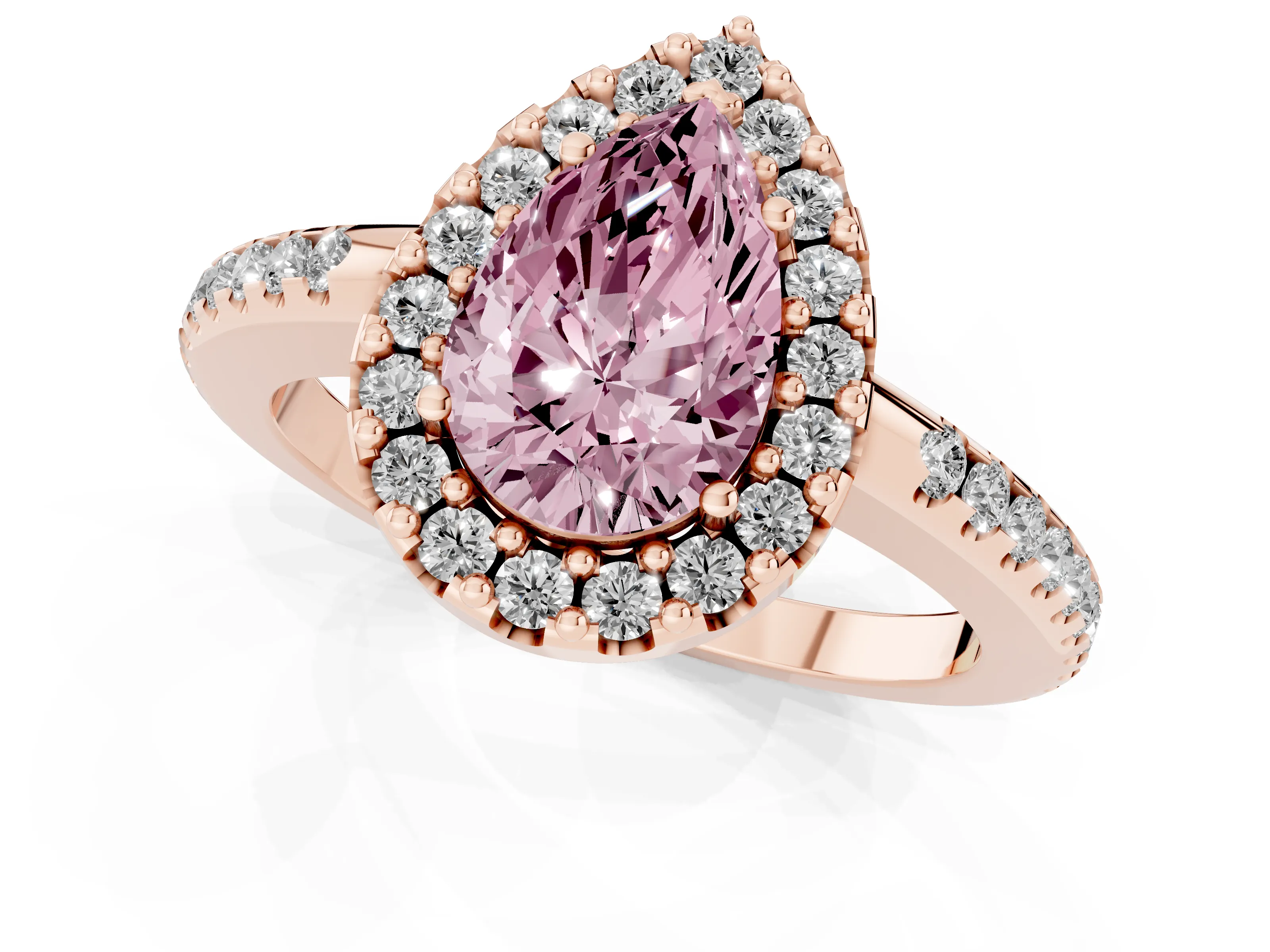 Fancy Pink Pear Cut Diamond Pavé Halo Ring Set in Rose gold with Prong Setting
