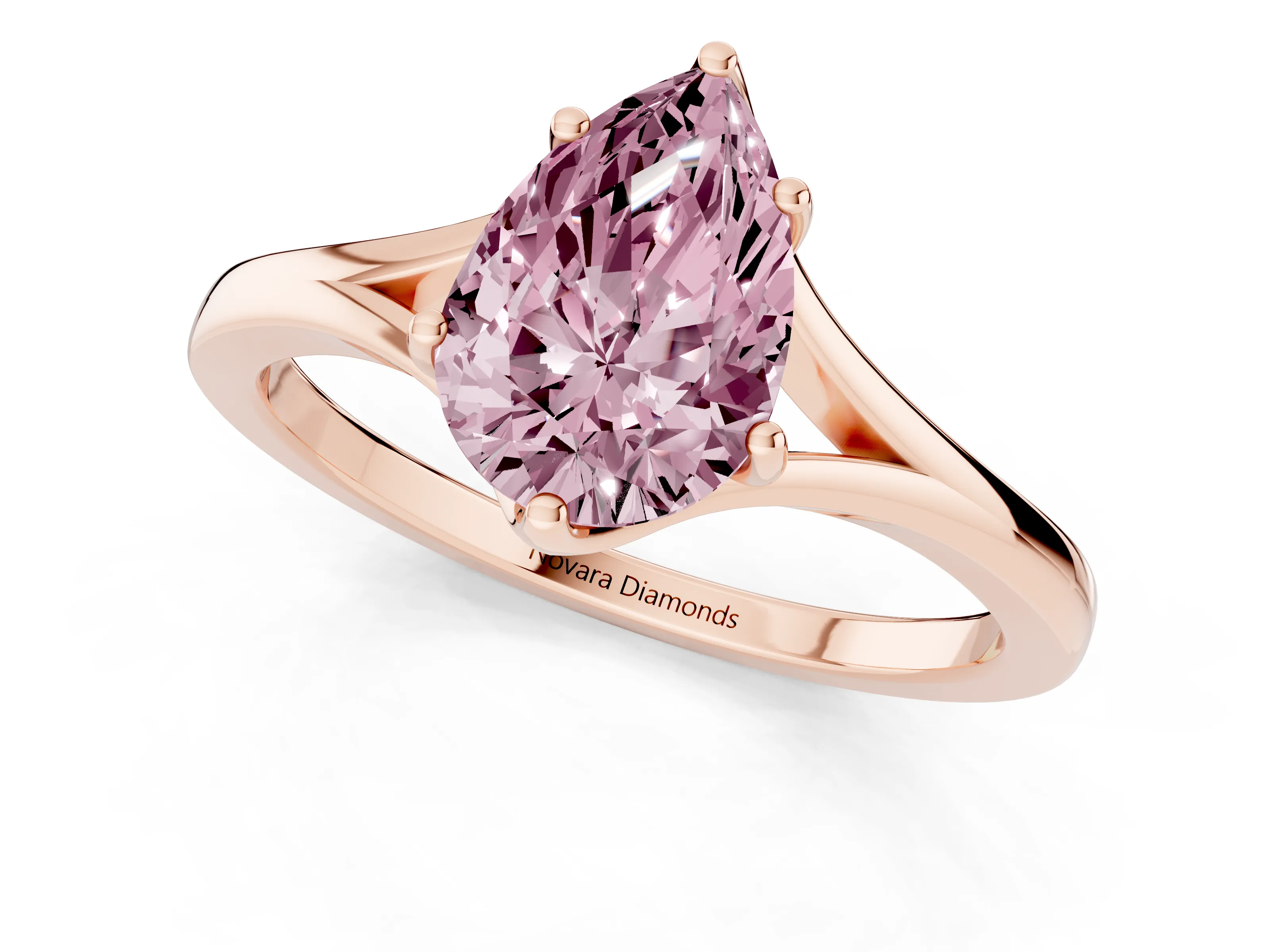Fancy Pink Pear Cut Diamond Solitaire Ring Set in Rose gold with Polished Tapered Band and Prong Setting