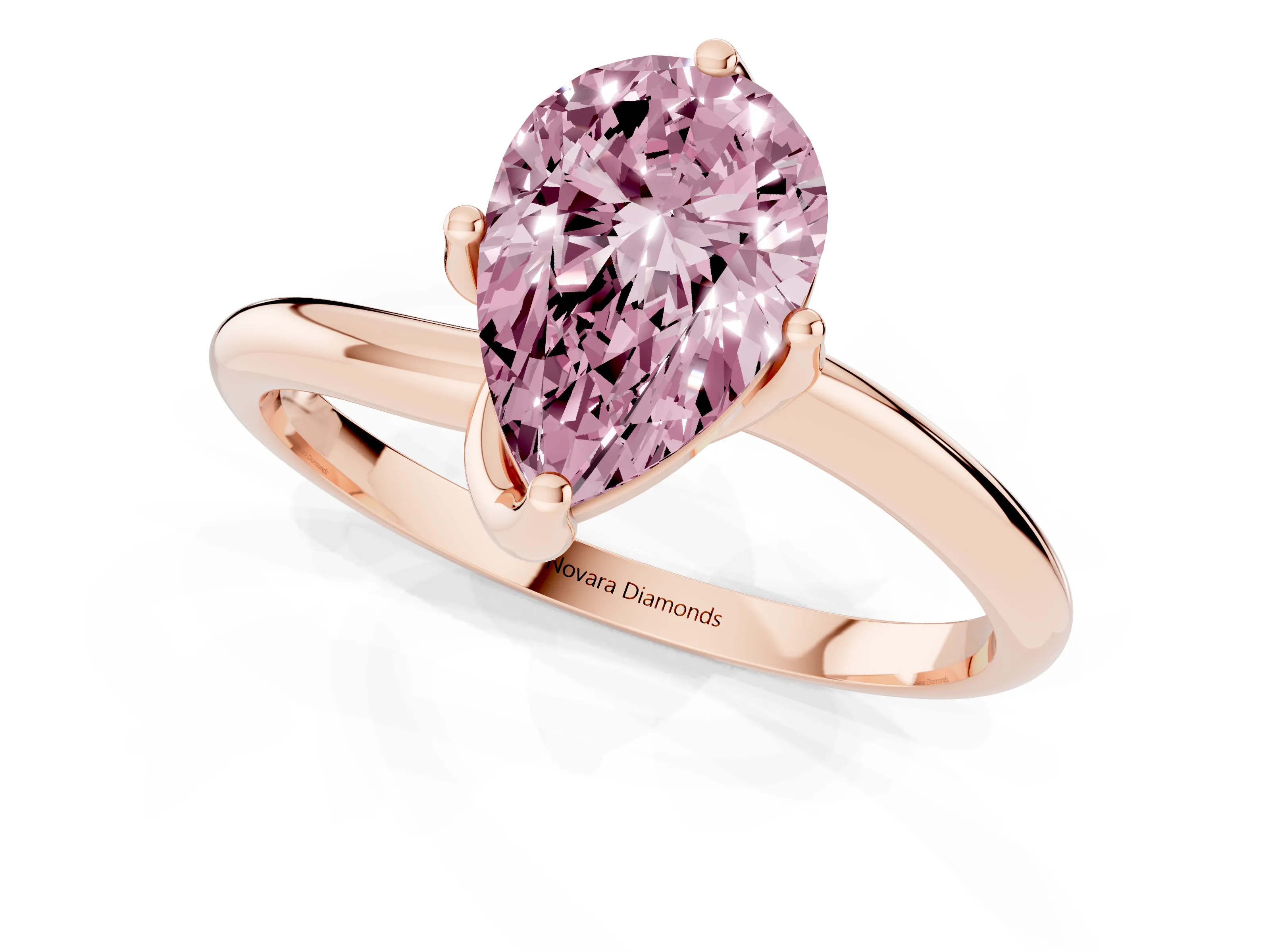Fancy Pink Pear Cut Diamond Solitaire Engagement Ring Set in Rose gold with Classic Plain Band