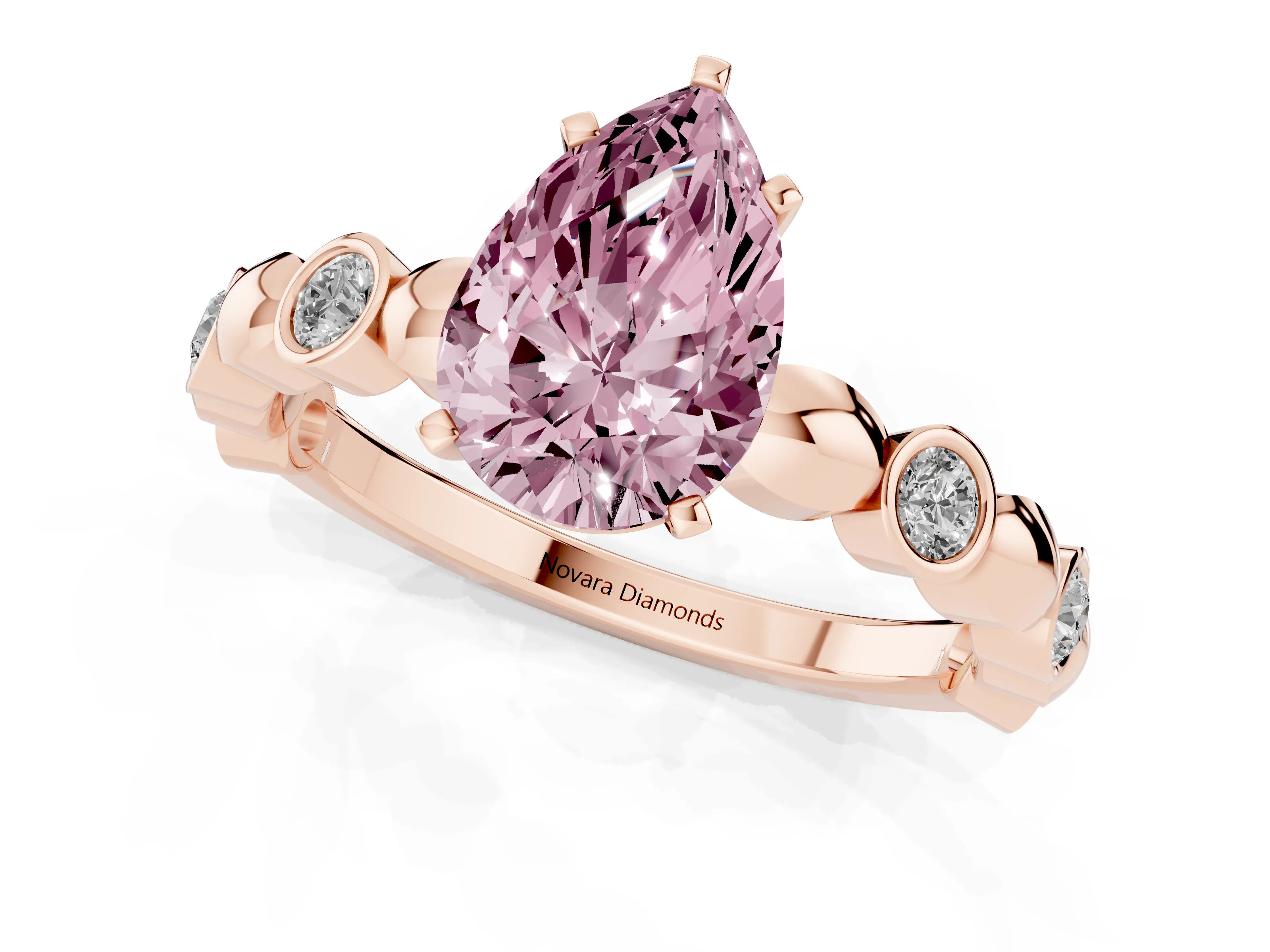 Fancy Pink Pear Cut Diamond Solitaire Ring Set in Rose gold with Bezel-Set Accents on Beaded Band and Prong Setting