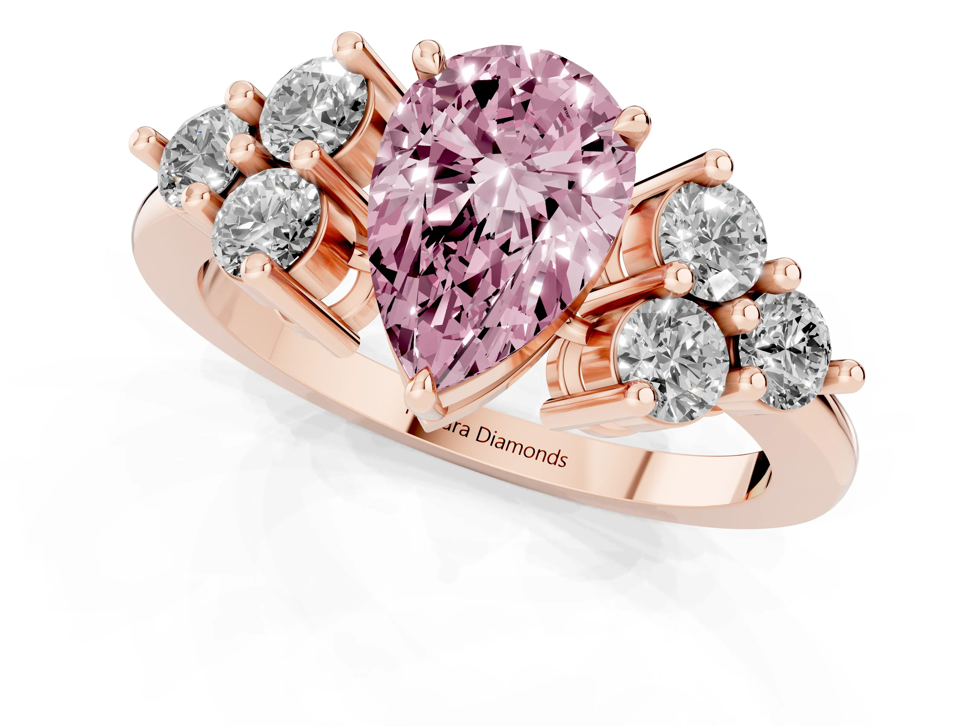 Fancy Pink Pear Cut Diamond Solitaire Ring Set in Rose gold with Cluster Accents on Each Side