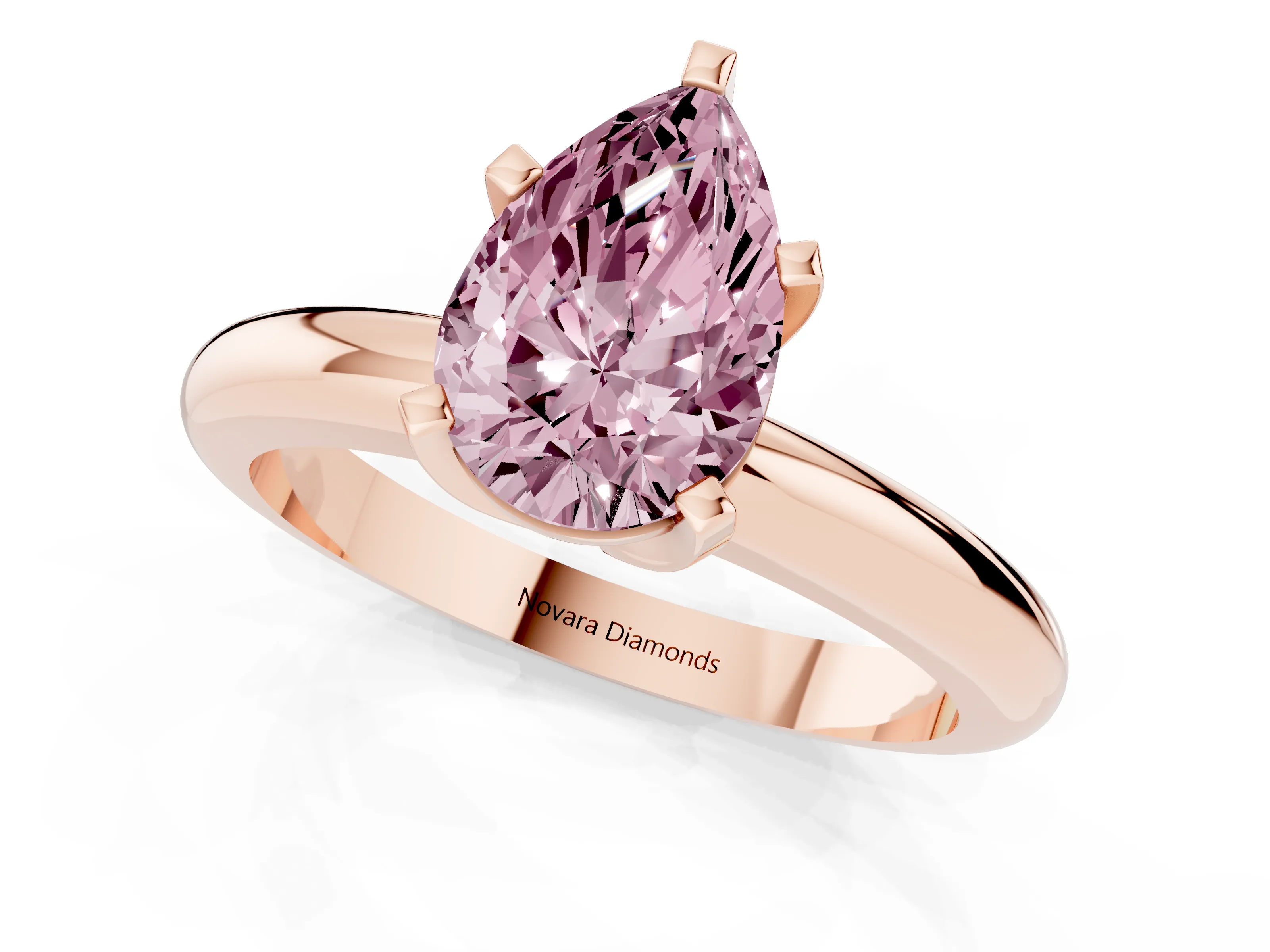 Fancy Pink Pear Cut Diamond Solitaire Engagement Ring Set in Rose gold with Round Band and Prong Setting
