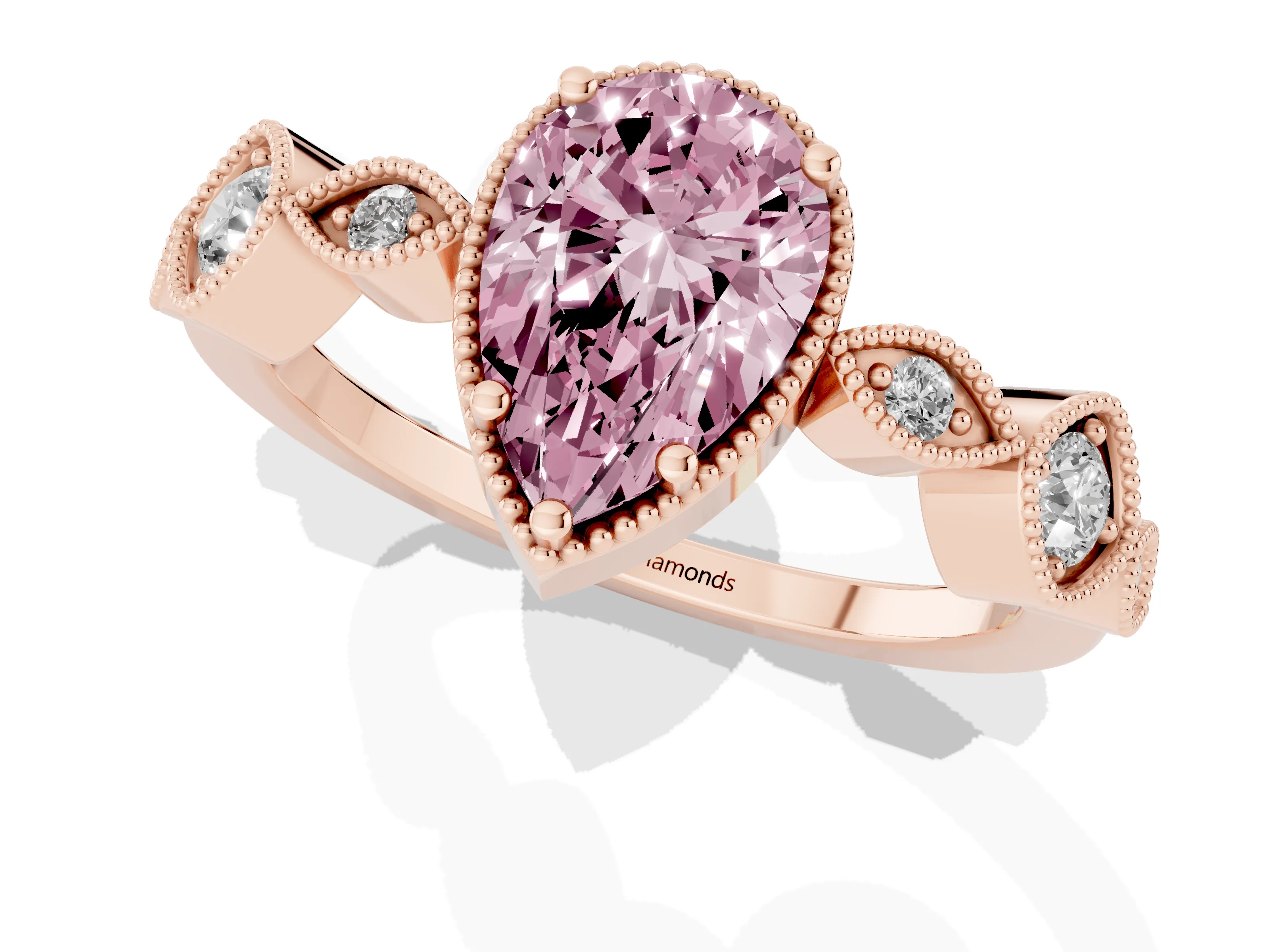 Fancy Pink Pear Cut Diamond Vintage-Inspired Milgrain Ring Set in Rose gold with Marquise Stations of Round Accents