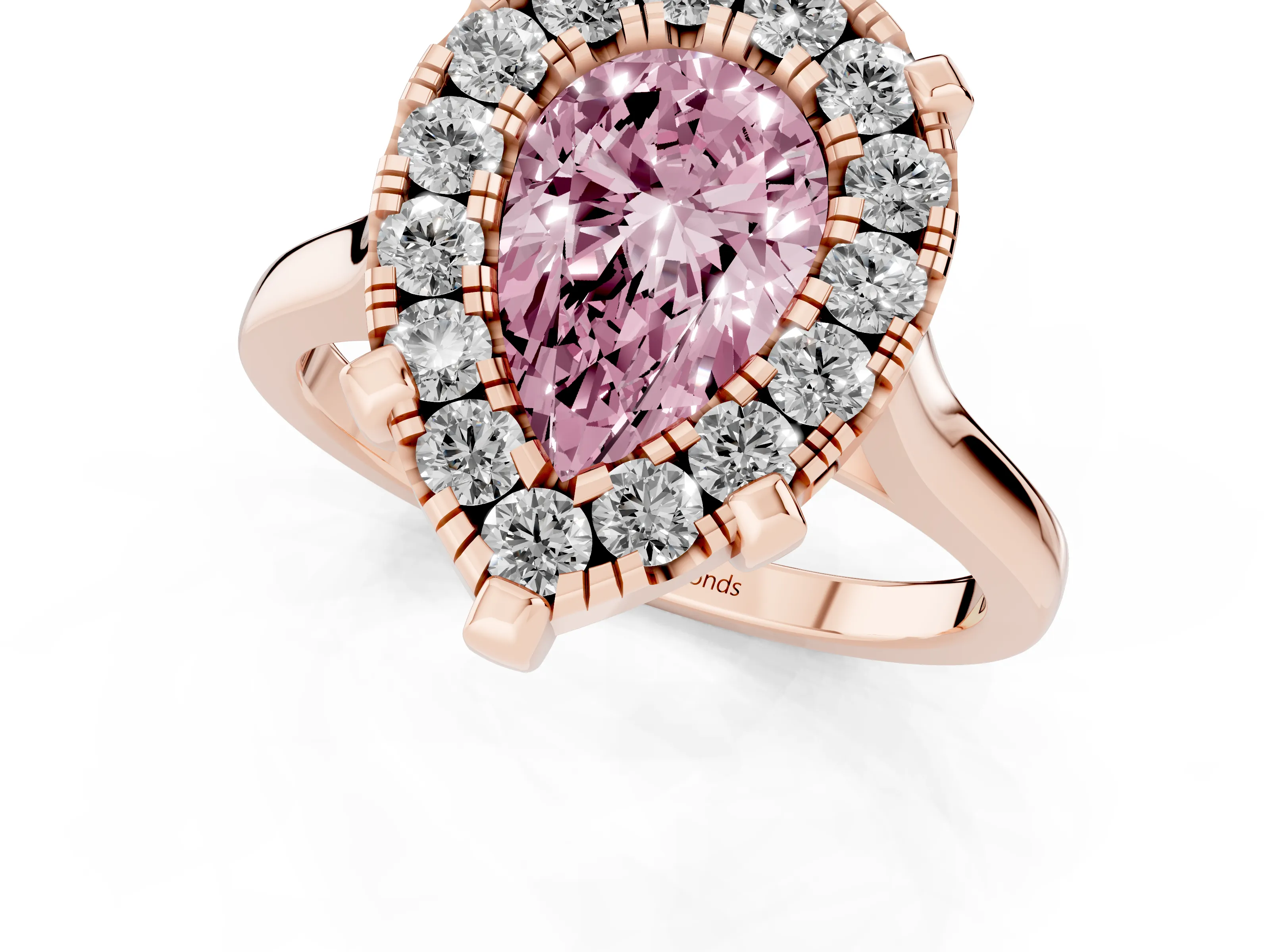 Fancy Pink Pear Cut Diamond Cluster Halo Solitaire Ring Set in Rose gold with Prong Setting
