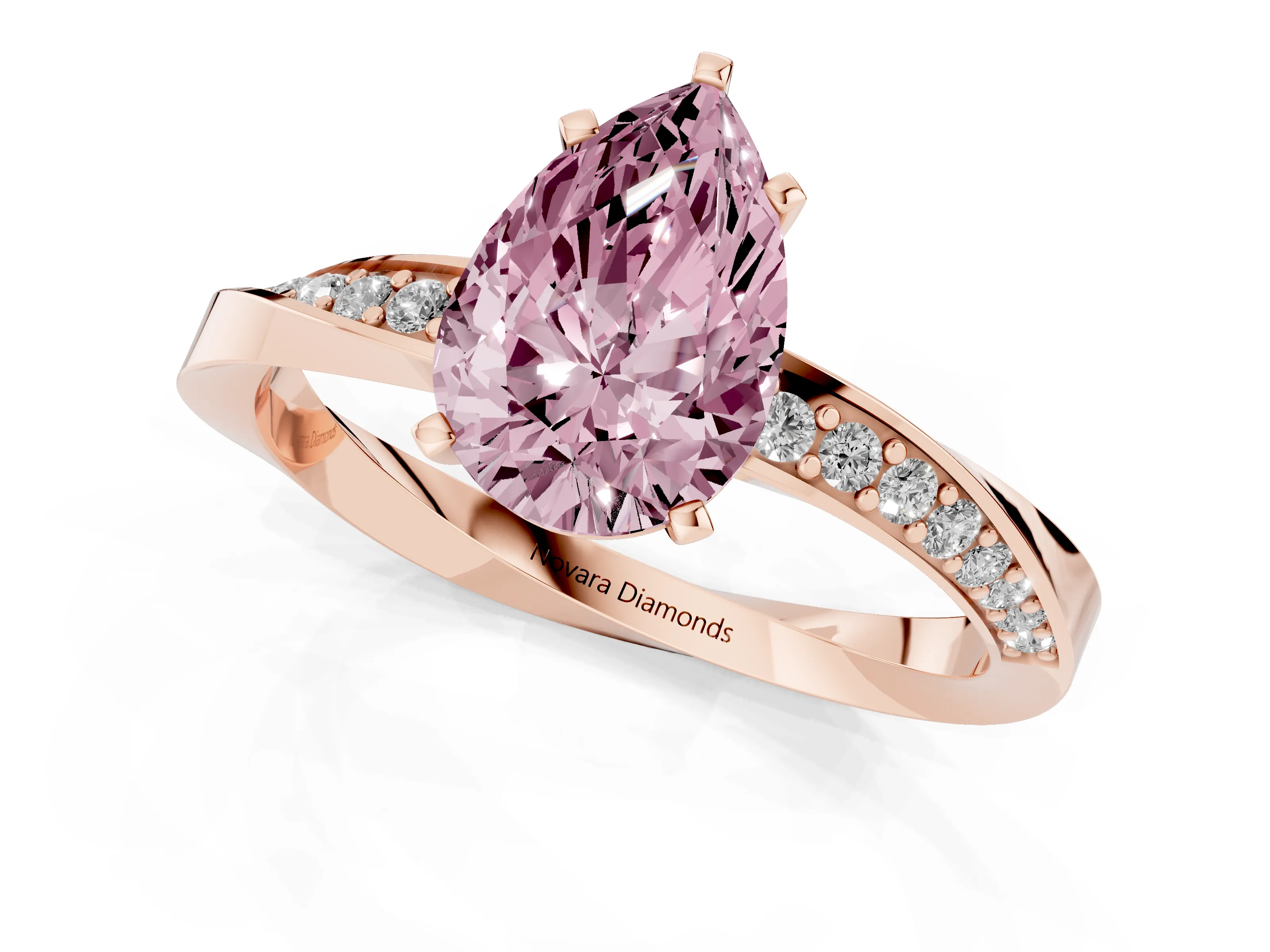 Fancy Pink Pear Cut Diamond Engagement Ring Set in Rose gold with Side Stone Accents and Prong Setting