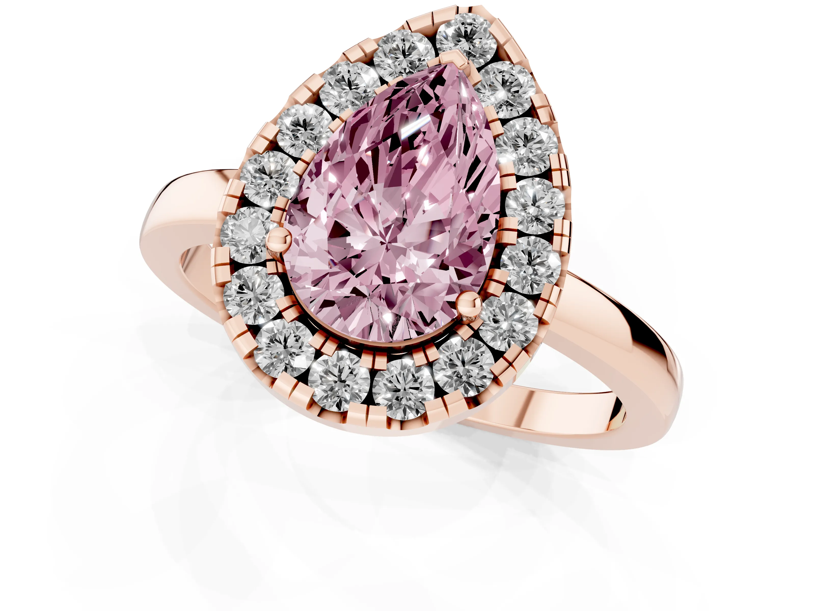 Fancy Pink Pear Cut Diamond Halo Solitaire Ring Set in Rose gold with Pavé Band and Prong Setting