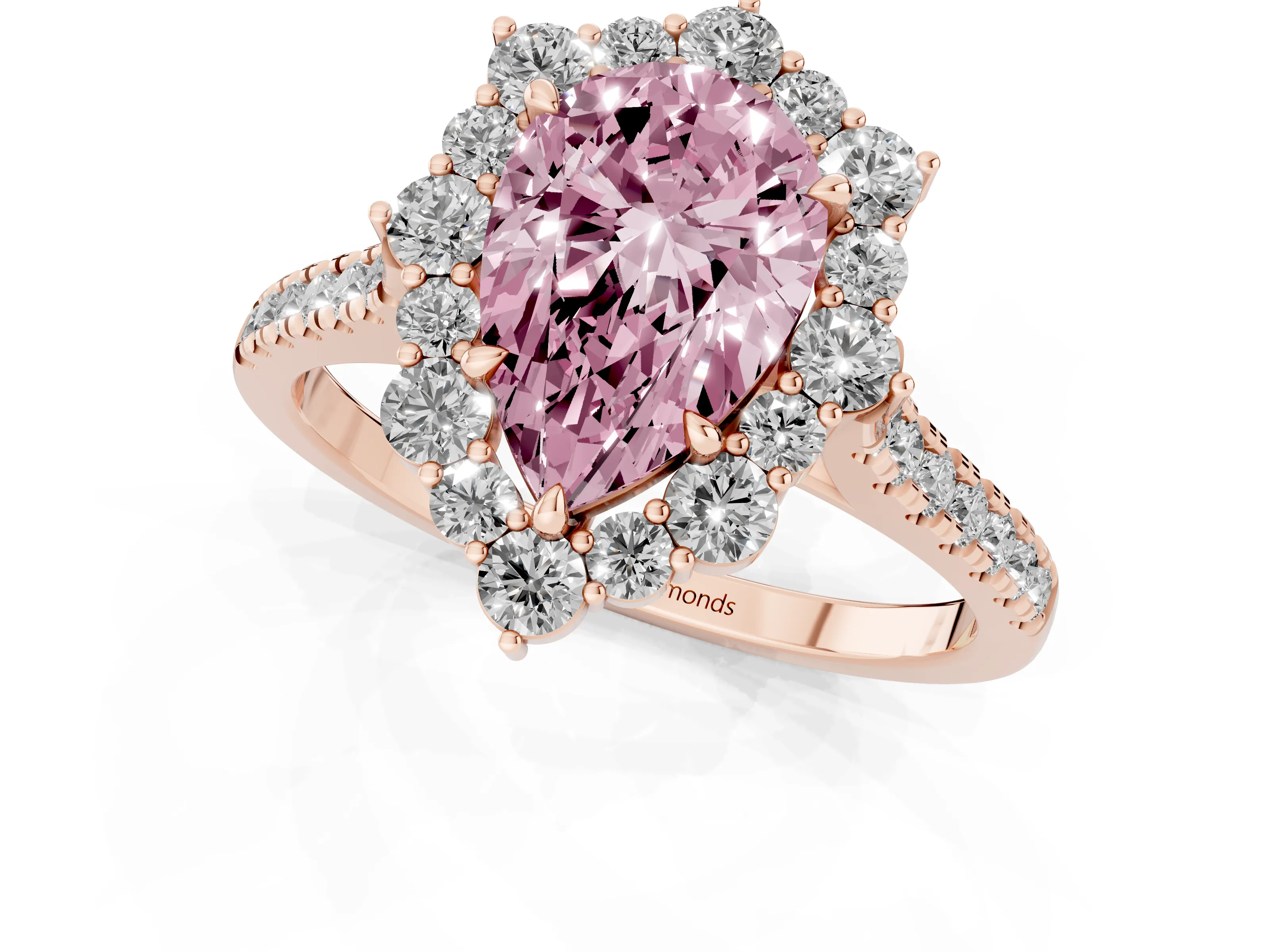 Fancy Pink Pear Cut Diamond Halo Ring Set in Rose gold with Pavé Band and Prong Setting