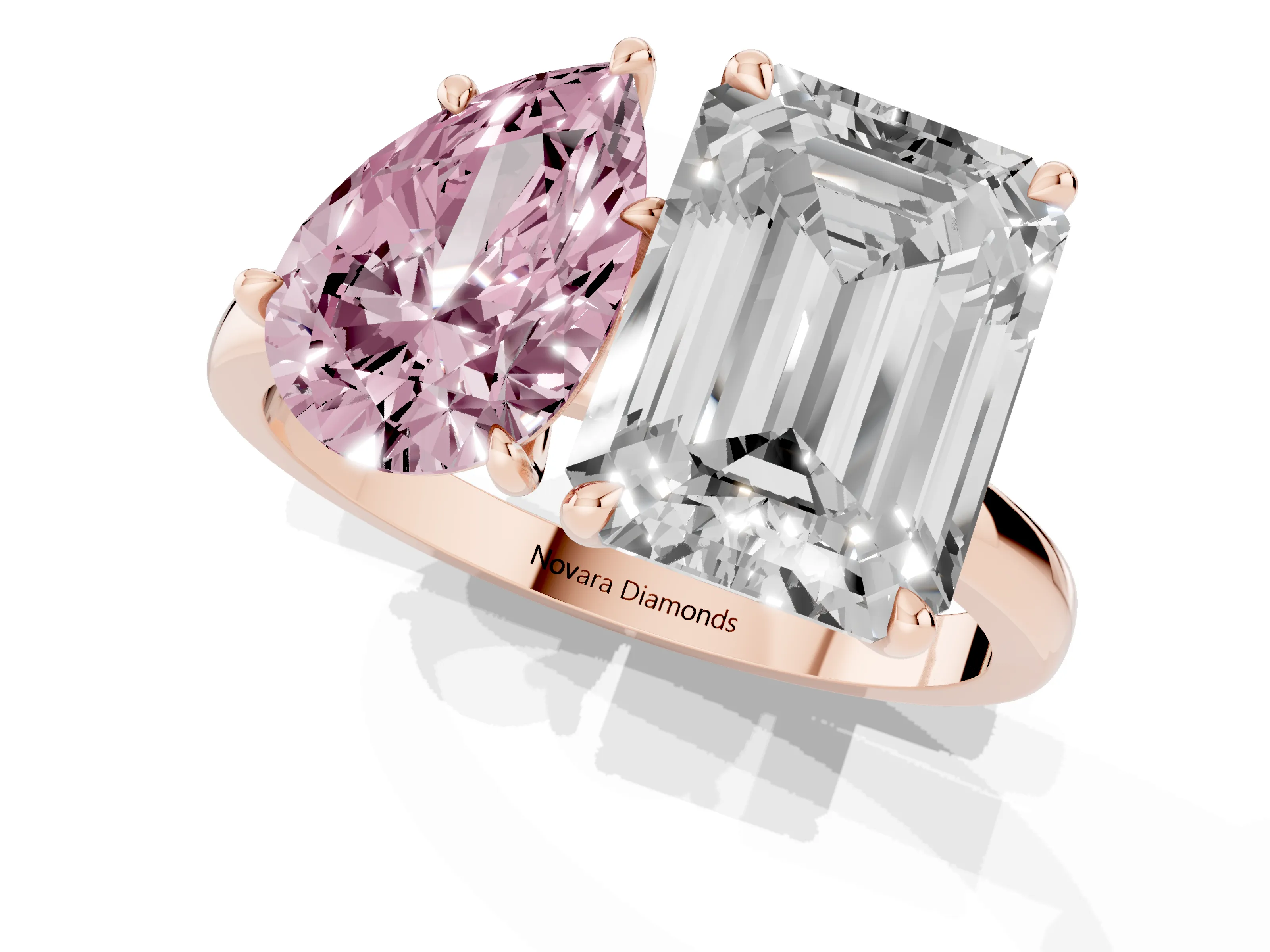 Fancy Pink Pear Cut and Emerald Cut Toi Moi Ring Set in Rose gold with Prong Setting
