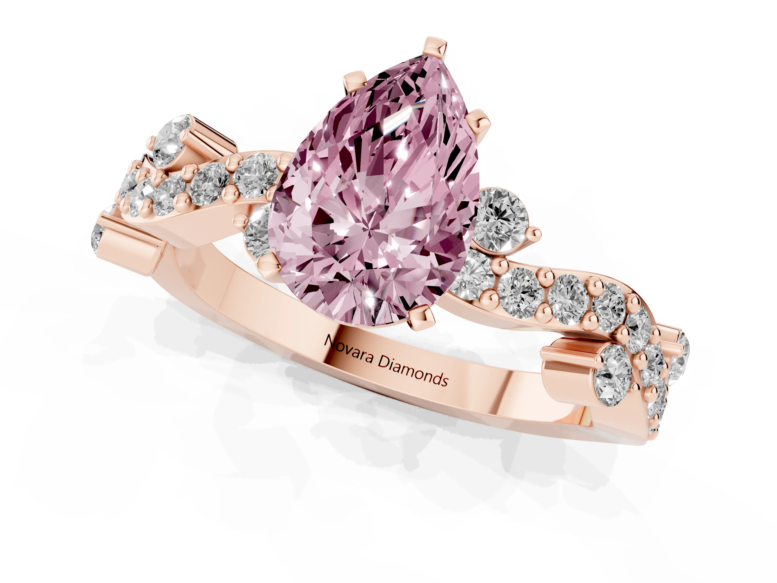 Fancy Pink Pear Cut Diamond Solitaire Twisted Band Set in Rose gold with Pavé Setting