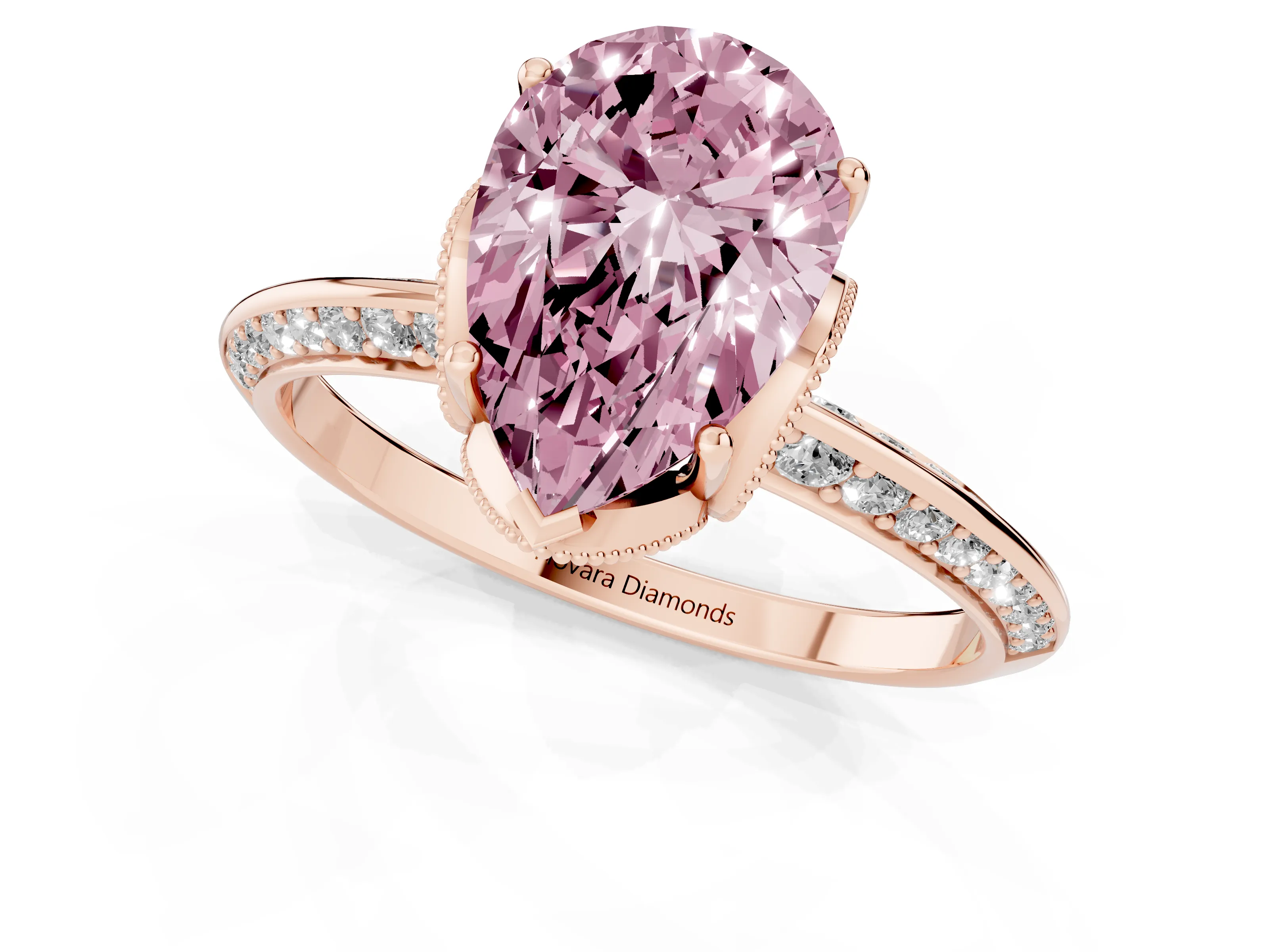Fancy Pink Pear Cut Diamond Solitaire Engagement Ring Set in Rose gold with Pavé Split Shank and Prong Setting