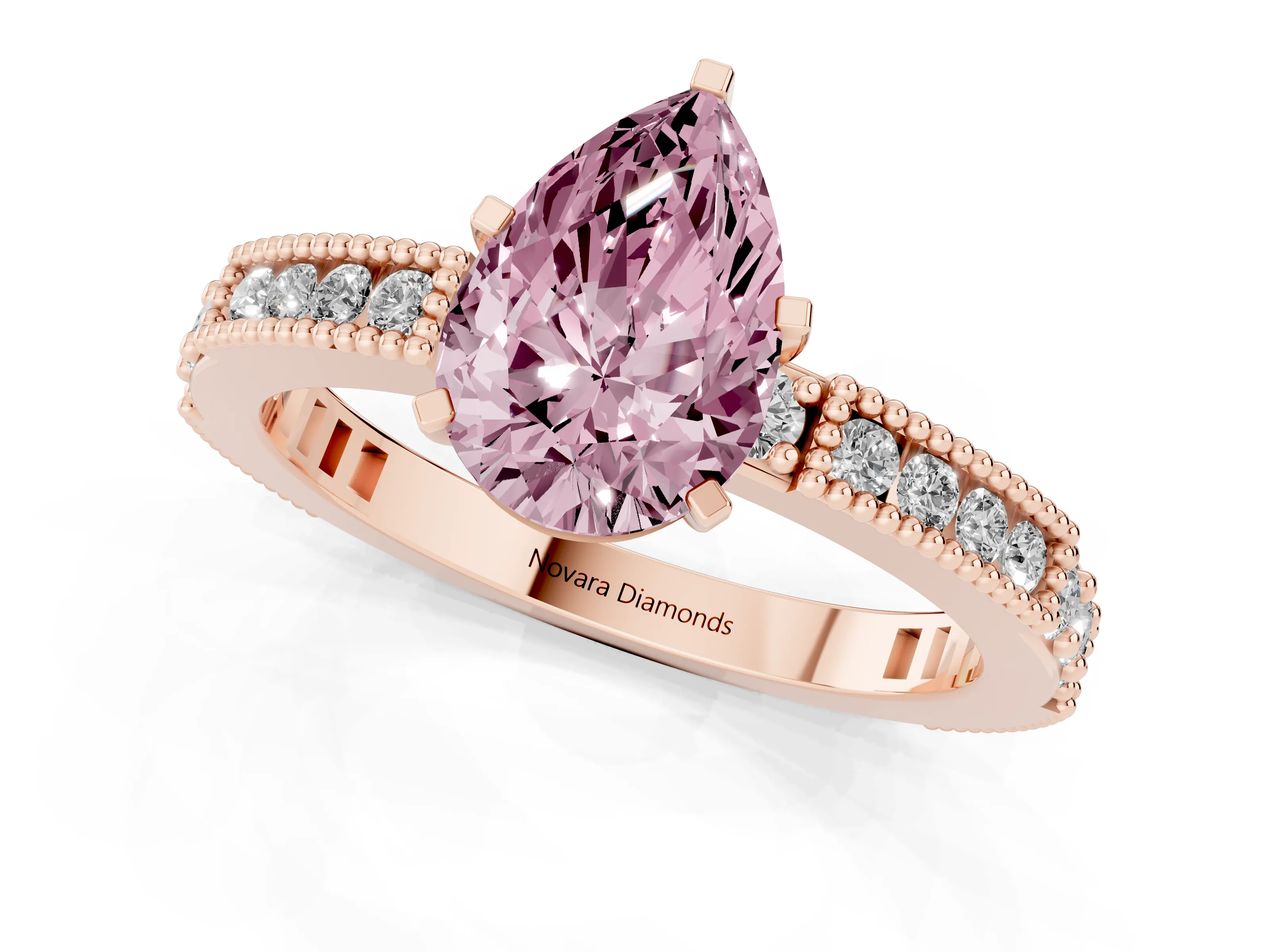 Fancy Pink Pear Cut Diamond Solitaire Ring Set in Rose gold with Slim Pavé Band and Prong Setting