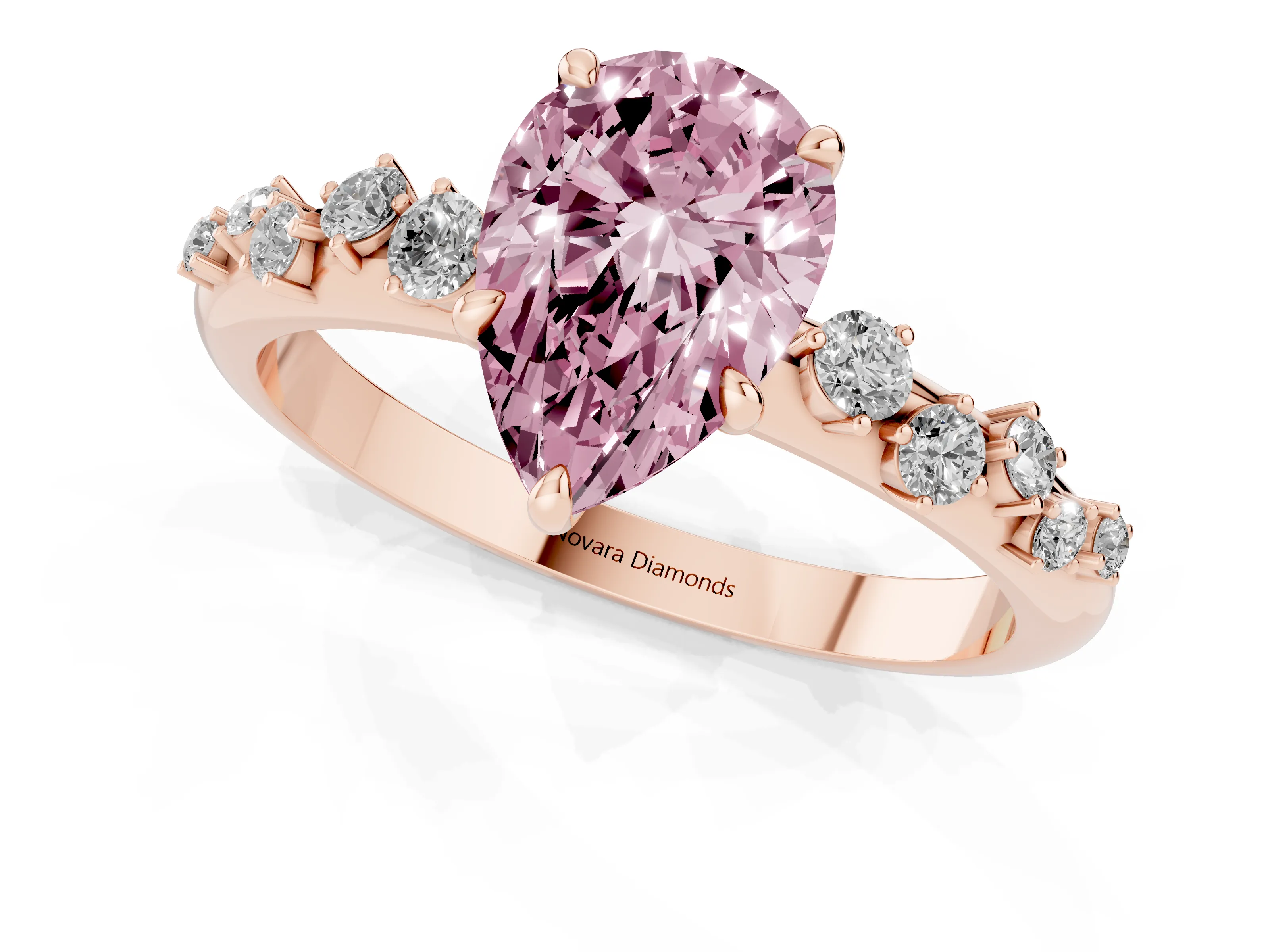 Fancy Pink Pear Cut Diamond Cluster Solitaire Ring Set in Rose gold with Prong Setting