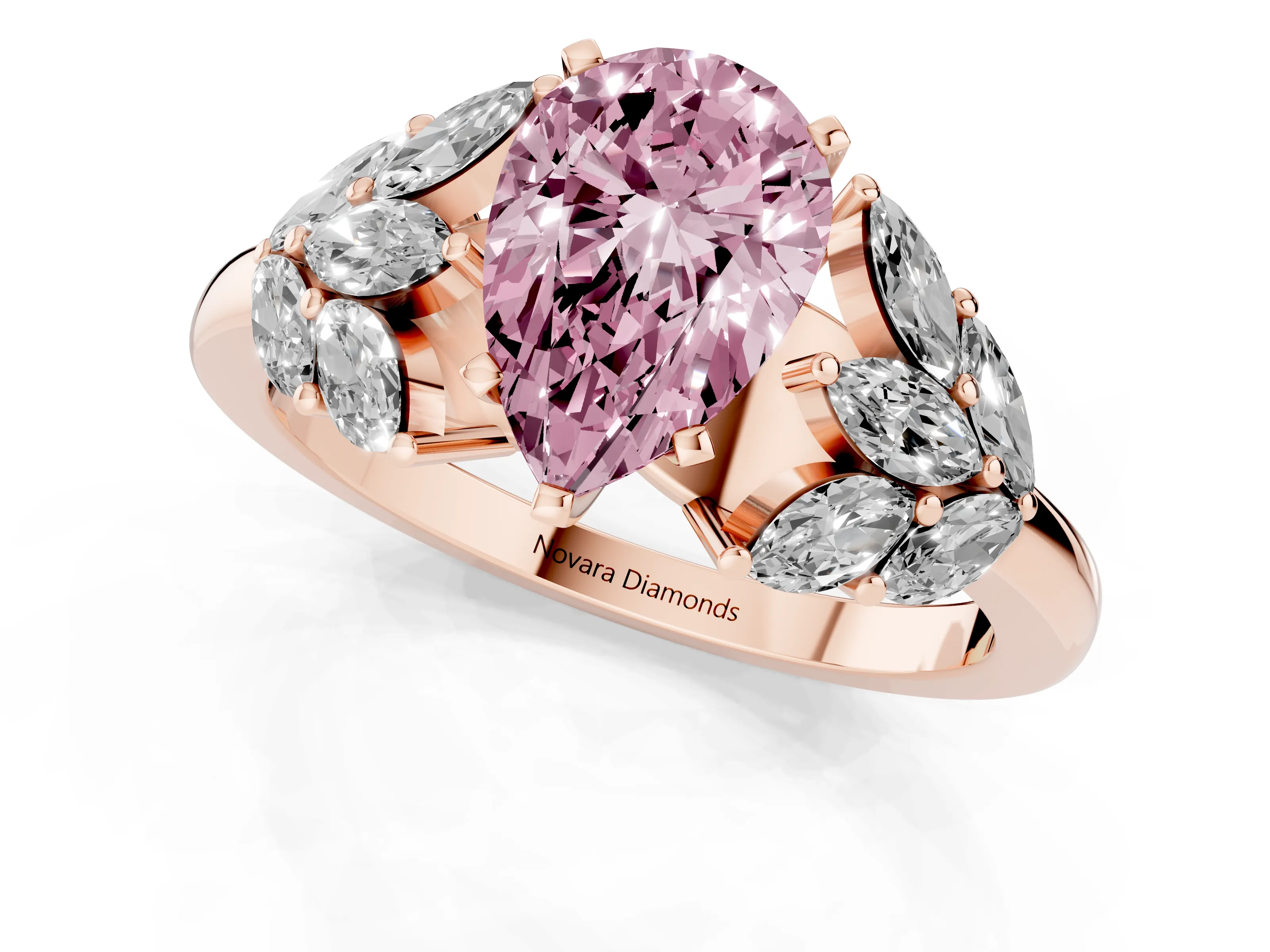 Fancy Pink Pear Cut Diamond Cluster Leaf Design Ring Set in Rose gold with Prong Setting