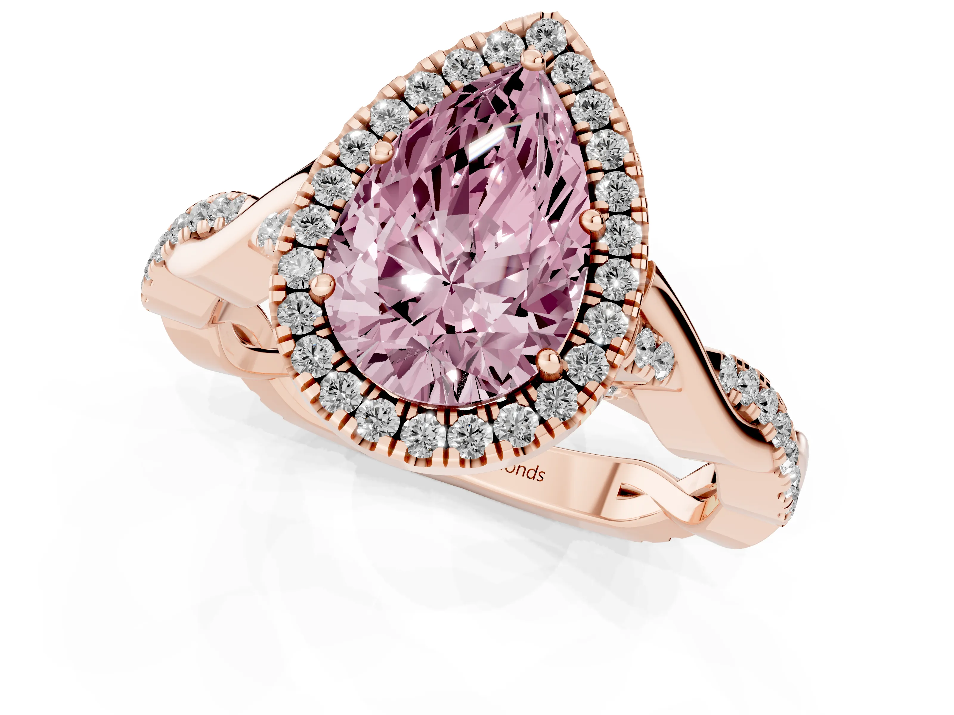 Fancy Pink Pear Cut Diamond Halo Twist Band Solitaire Ring Set in Rose gold with Prong Setting