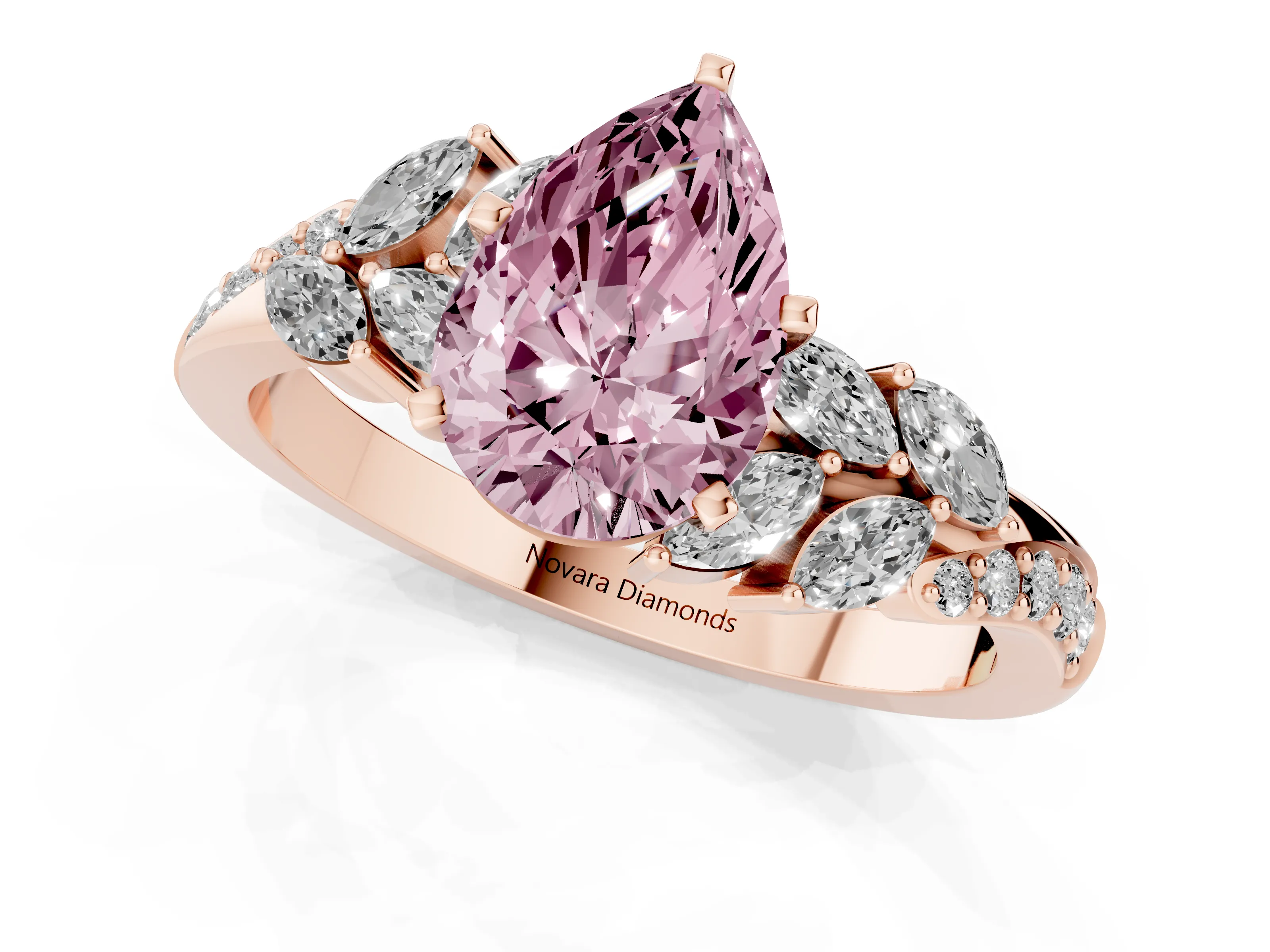 Fancy Pink Pear Cut Diamond Solitaire Ring Set in Rose gold with Marquise Twist Band and Prong Setting