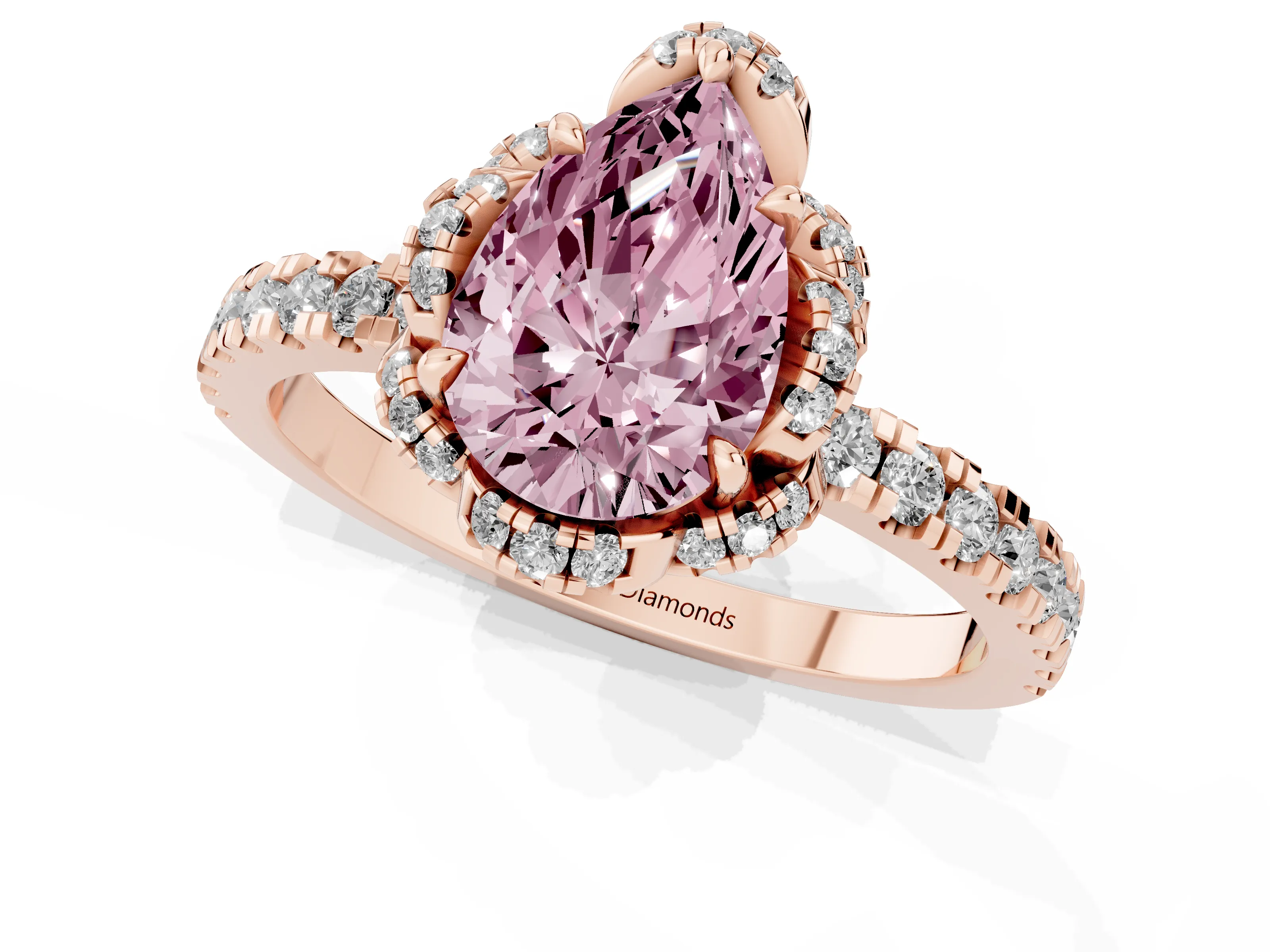 Fancy Pink Pear Cut Diamond Halo Pavé Band Ring Set in Rose gold with Prong-Held Center