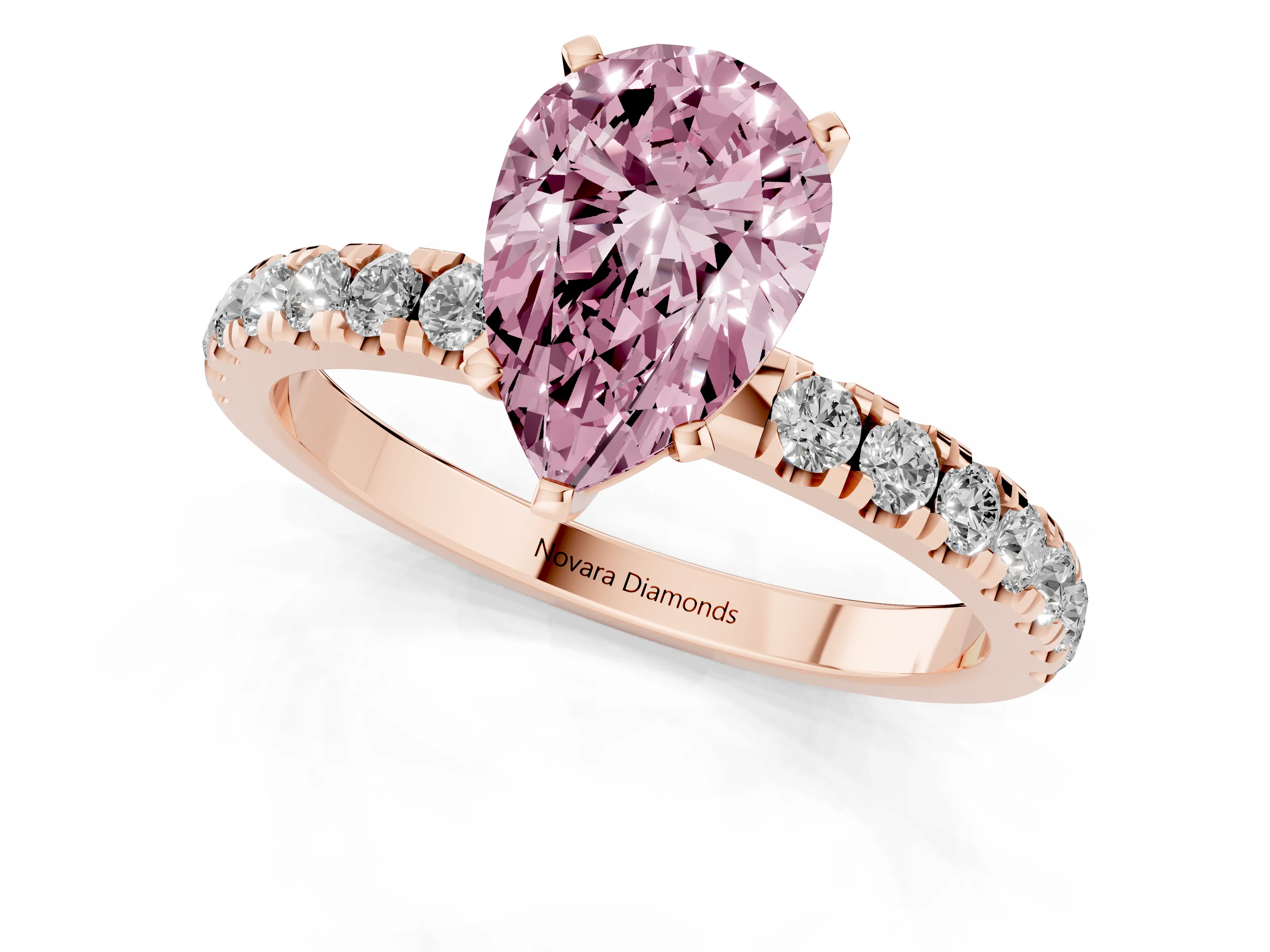 Fancy Pink Pear Cut Diamond Solitaire Ring Set in Rose gold with Pavé Accents and Prong Setting