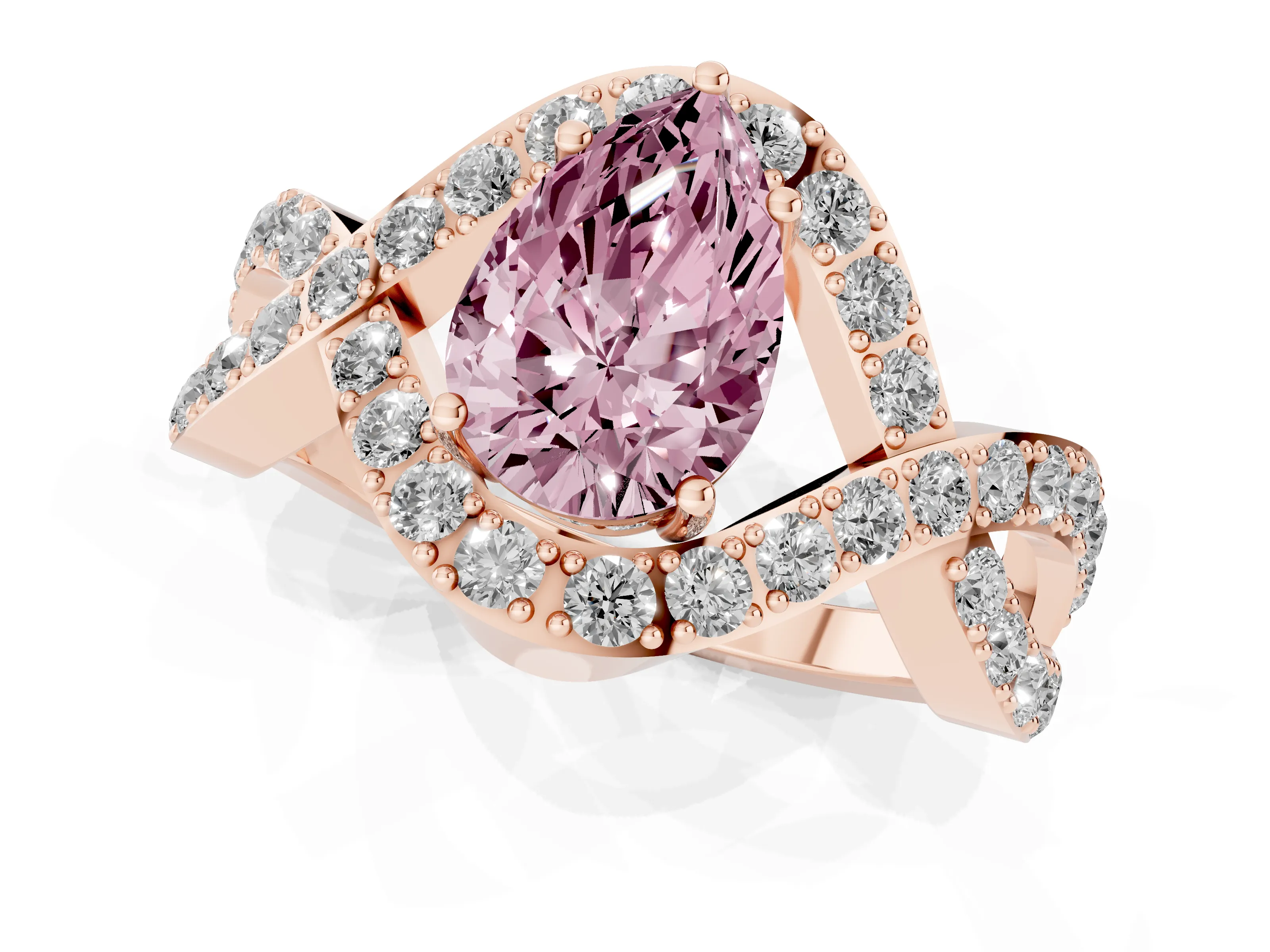 Fancy Pink Pear Cut Diamond Solitaire Twist Band Pavé Engagement Ring Set in Rose gold