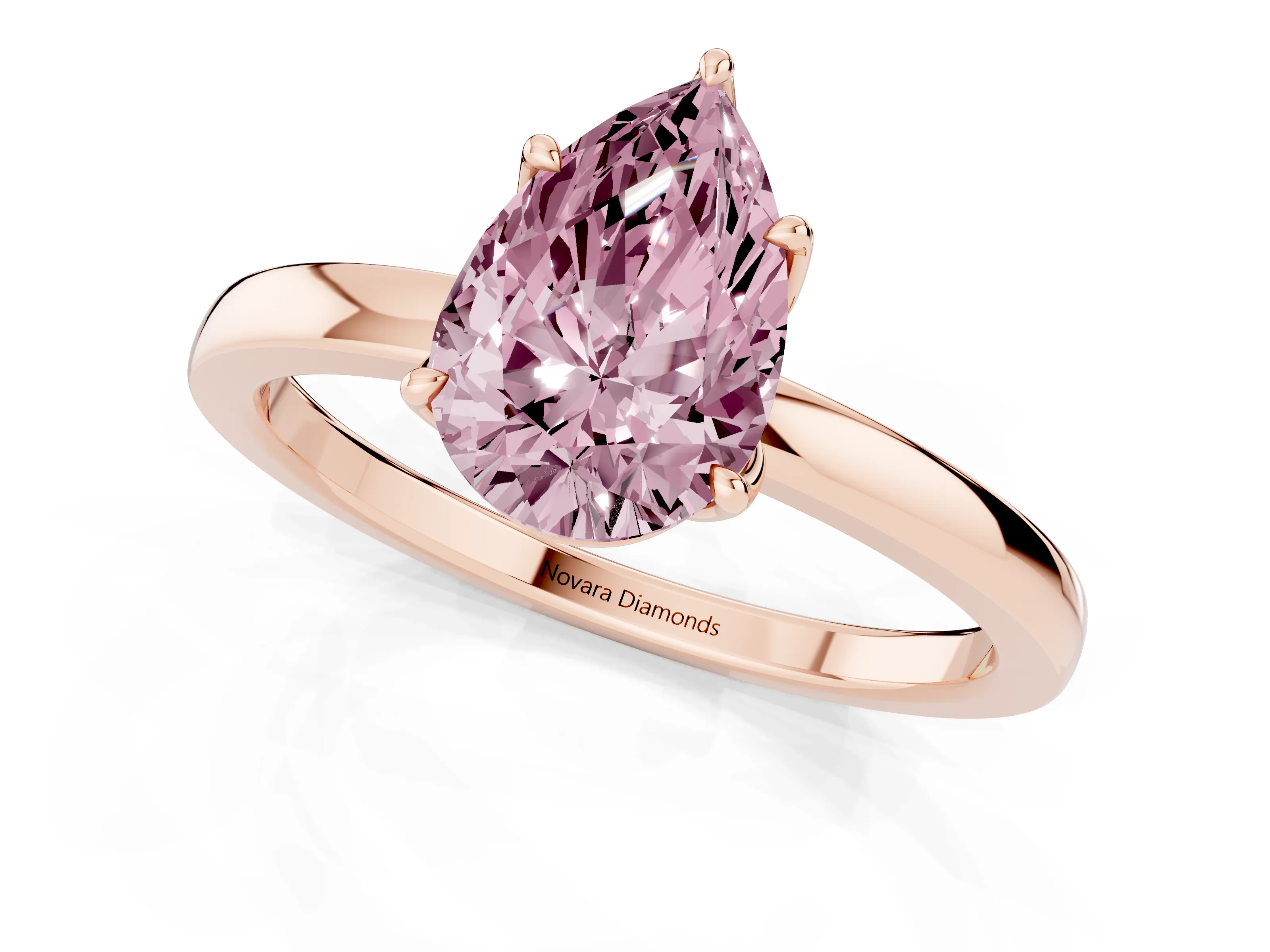 Fancy Pink Pear Cut Diamond Solitaire Ring Set in Rose gold with Prong Setting and Thin Polished Band