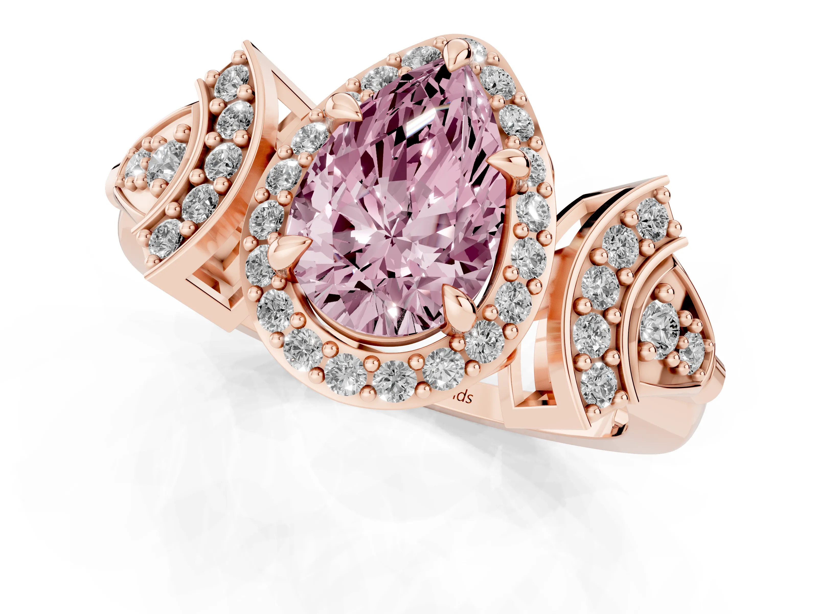 Fancy Pink Pear Cut Diamond Halo Engagement Ring Set in Rose gold with Accent Stone Split Shank