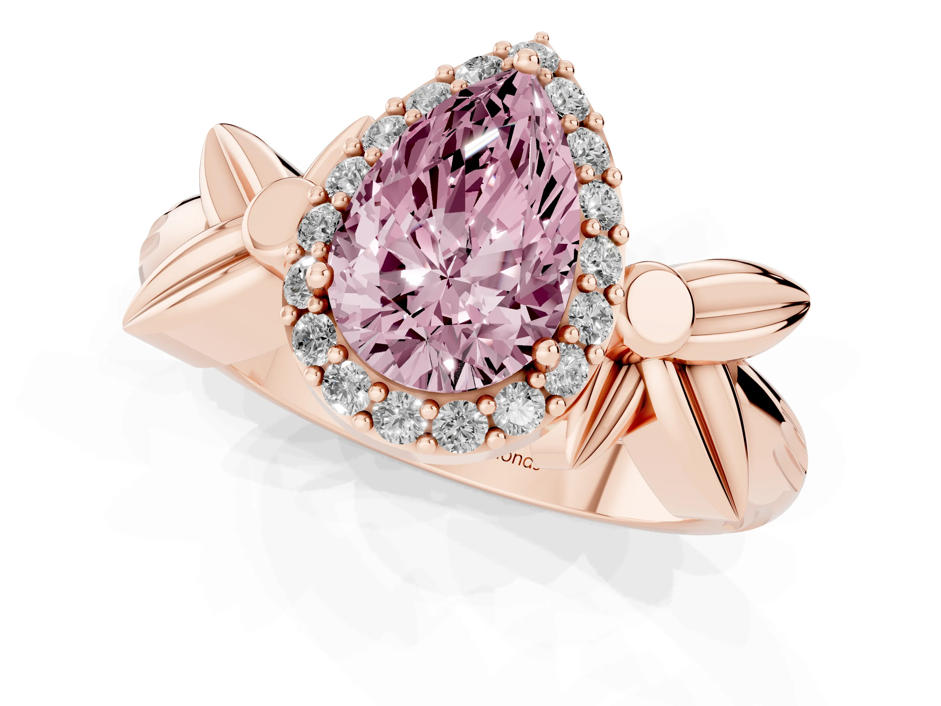 Fancy Pink Pear Cut Diamond Halo Floral Band Ring Set in Rose gold with Prong Setting