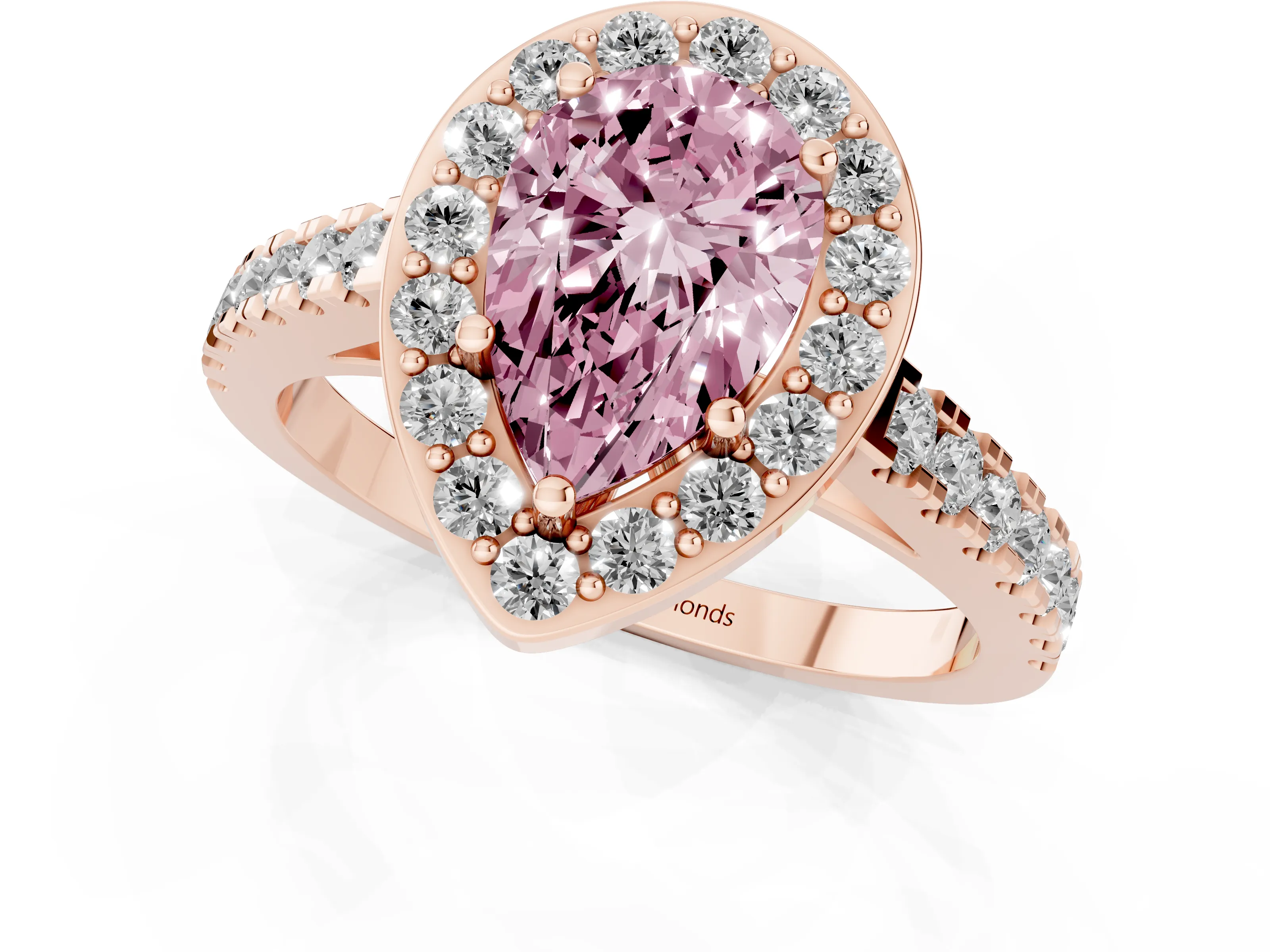 Fancy Pink Pear Cut Diamond Halo Ring Set in Rose gold with Round Pavé Split Shank and Prong Setting