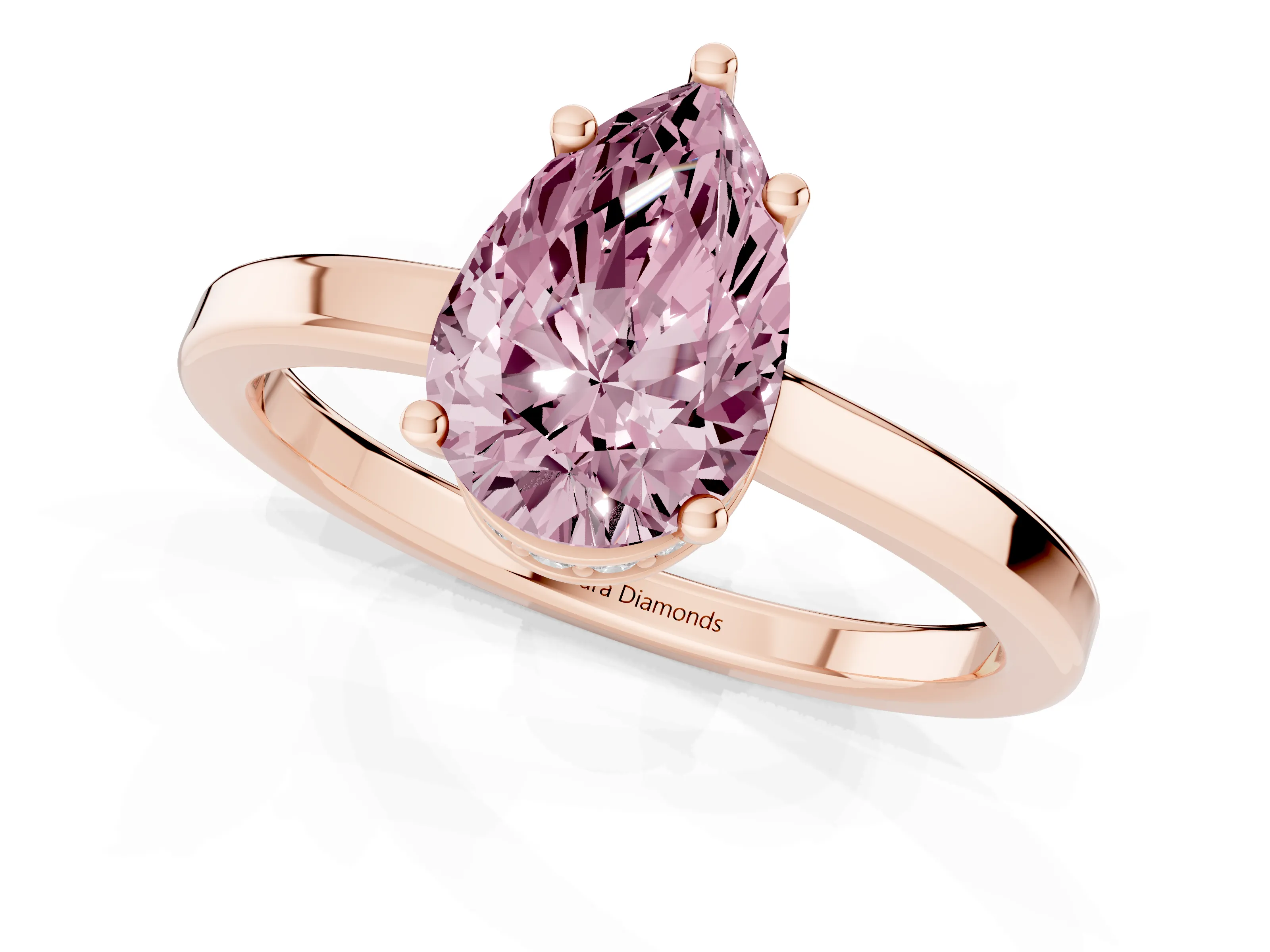 Fancy Pink Pear Cut Diamond Solitaire Engagement Ring Set in Rose gold with Prong Setting on a Plain Band