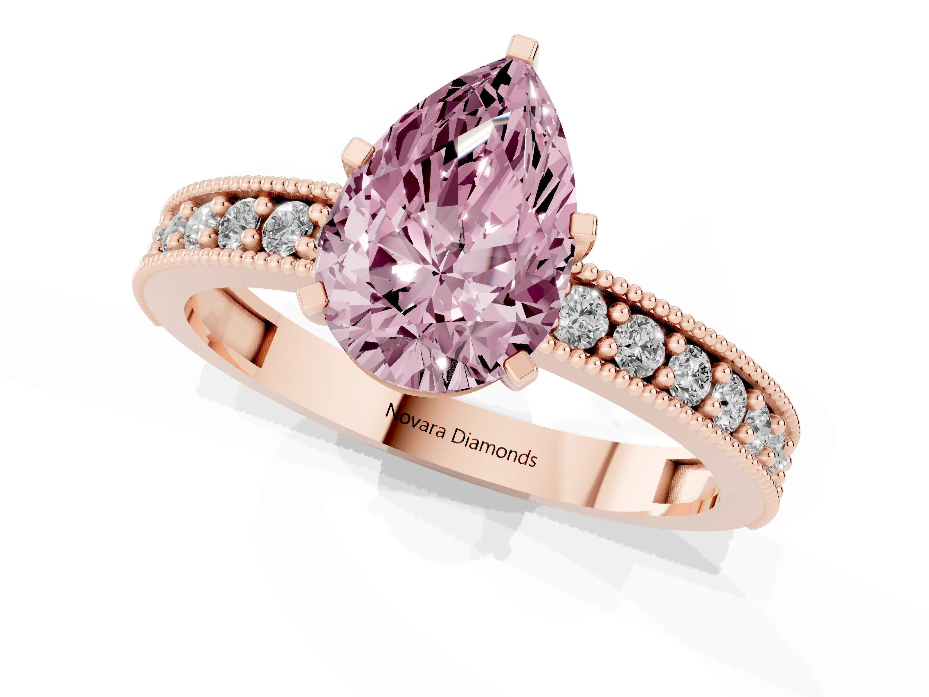 Fancy Pink Pear Cut Diamond Milgrain Pavé Engagement Ring Set in Rose gold with Prong Setting