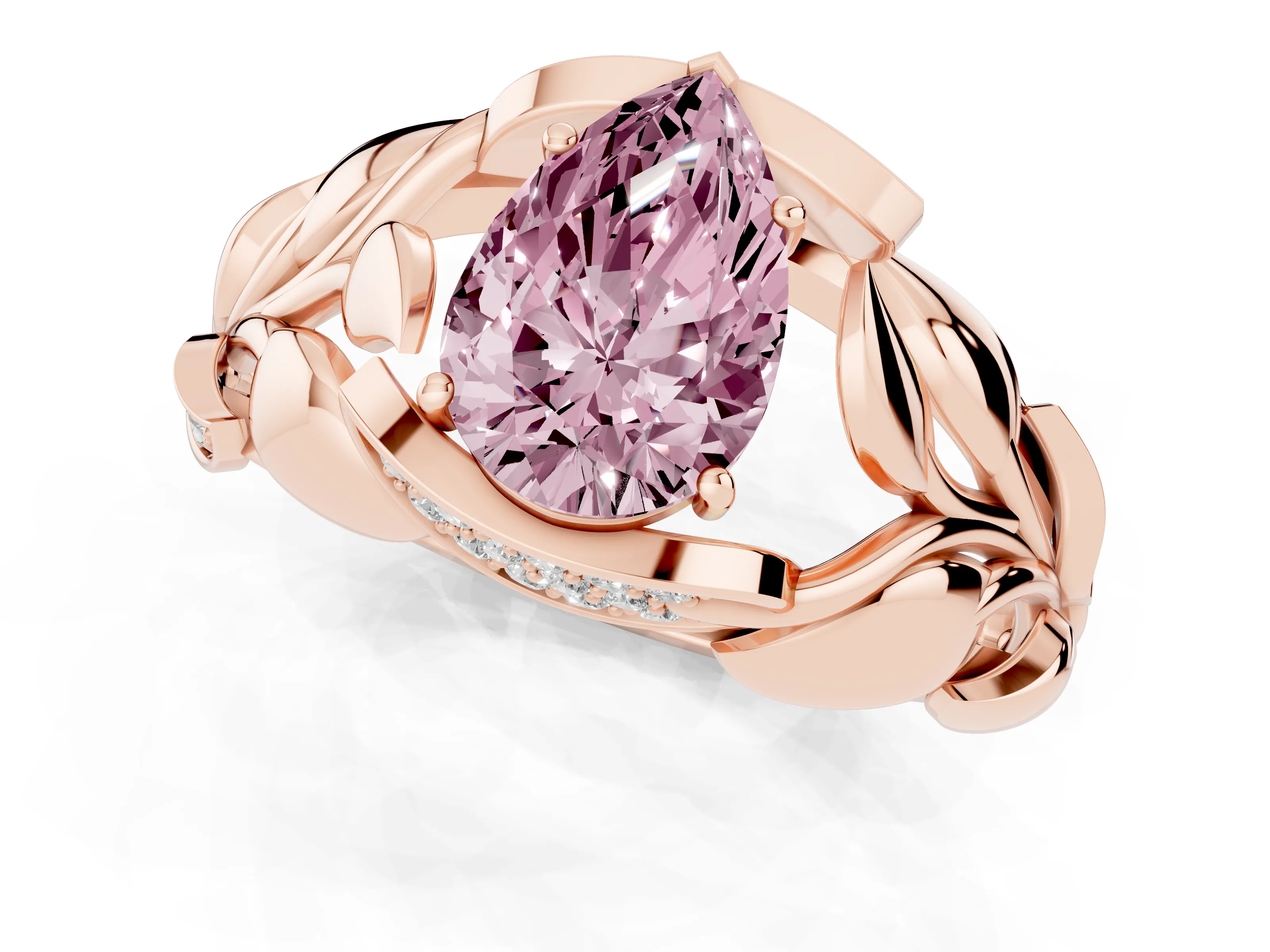 Fancy Pink Pear Cut Diamond Leaf-Inspired Engagement Ring Set in Rose gold with Round Accents