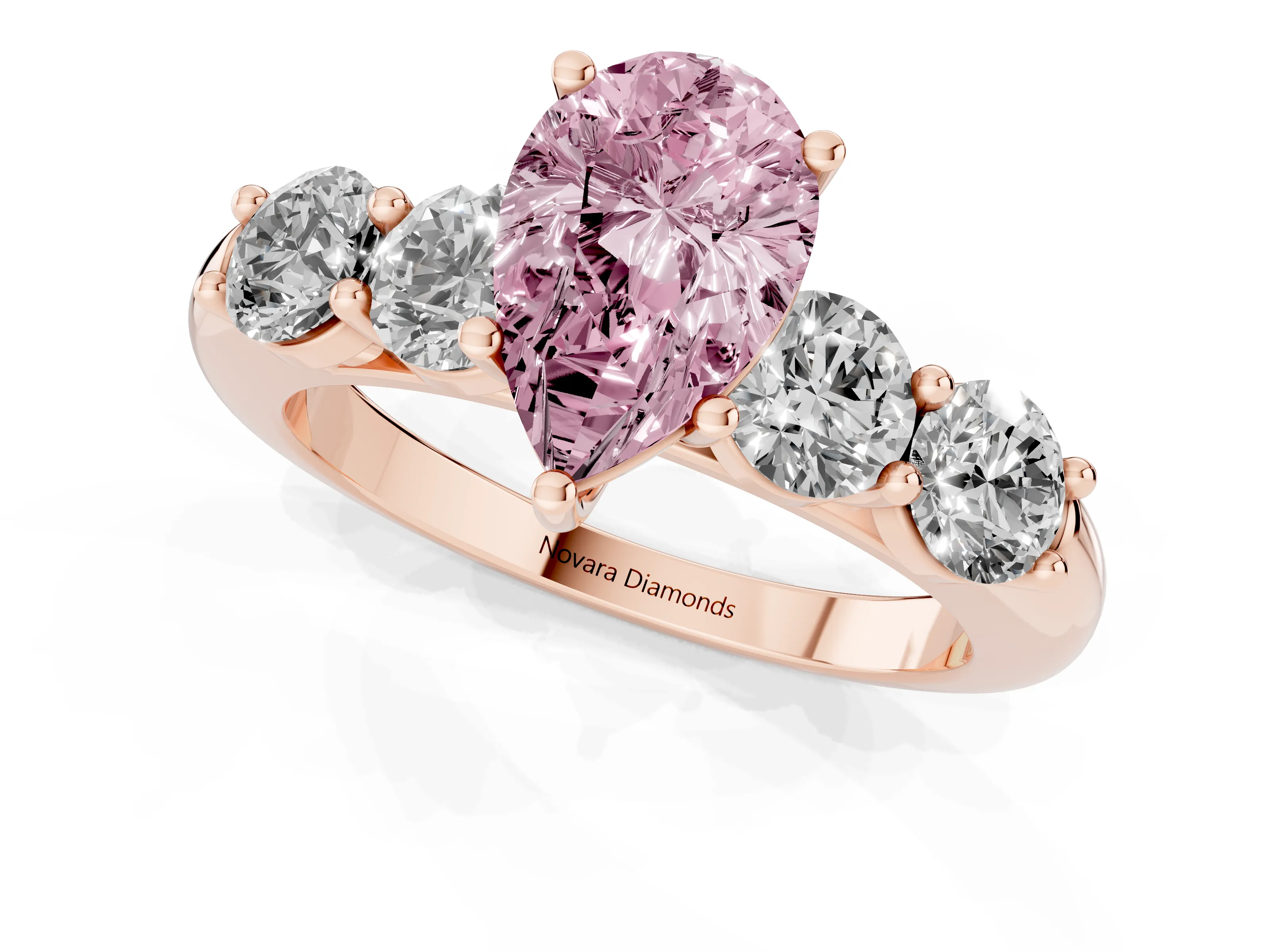 Fancy Pink Pear Cut Diamond Five-Stone Prong Set Ring Set in Rose gold with Classic Band