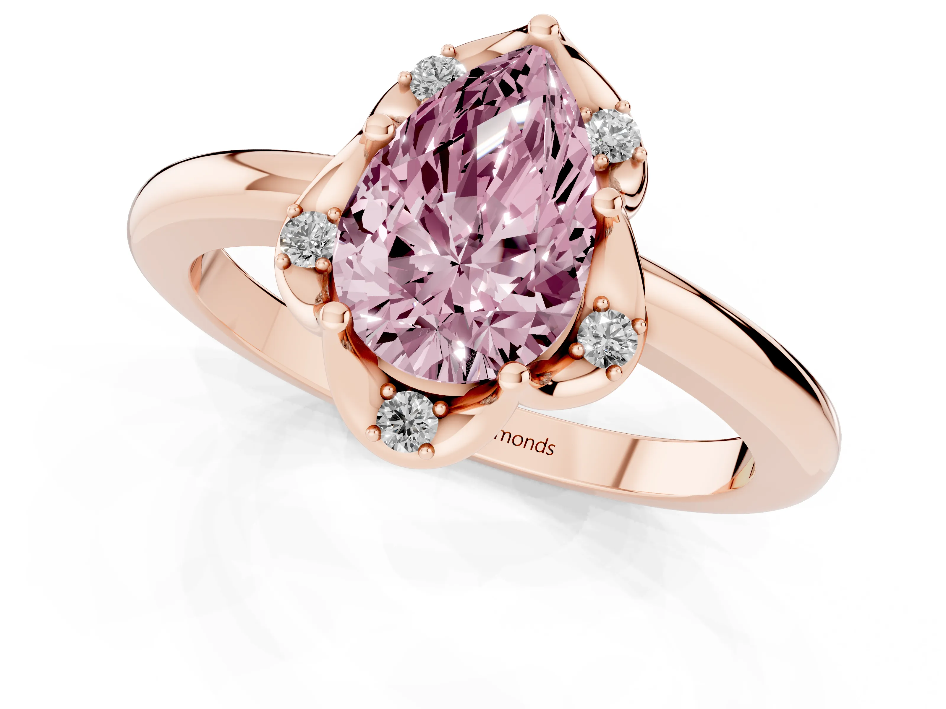 Fancy Pink Pear Cut Diamond Round Cluster Halo Ring Set in Rose gold with Solitaire Band and Prong Setting