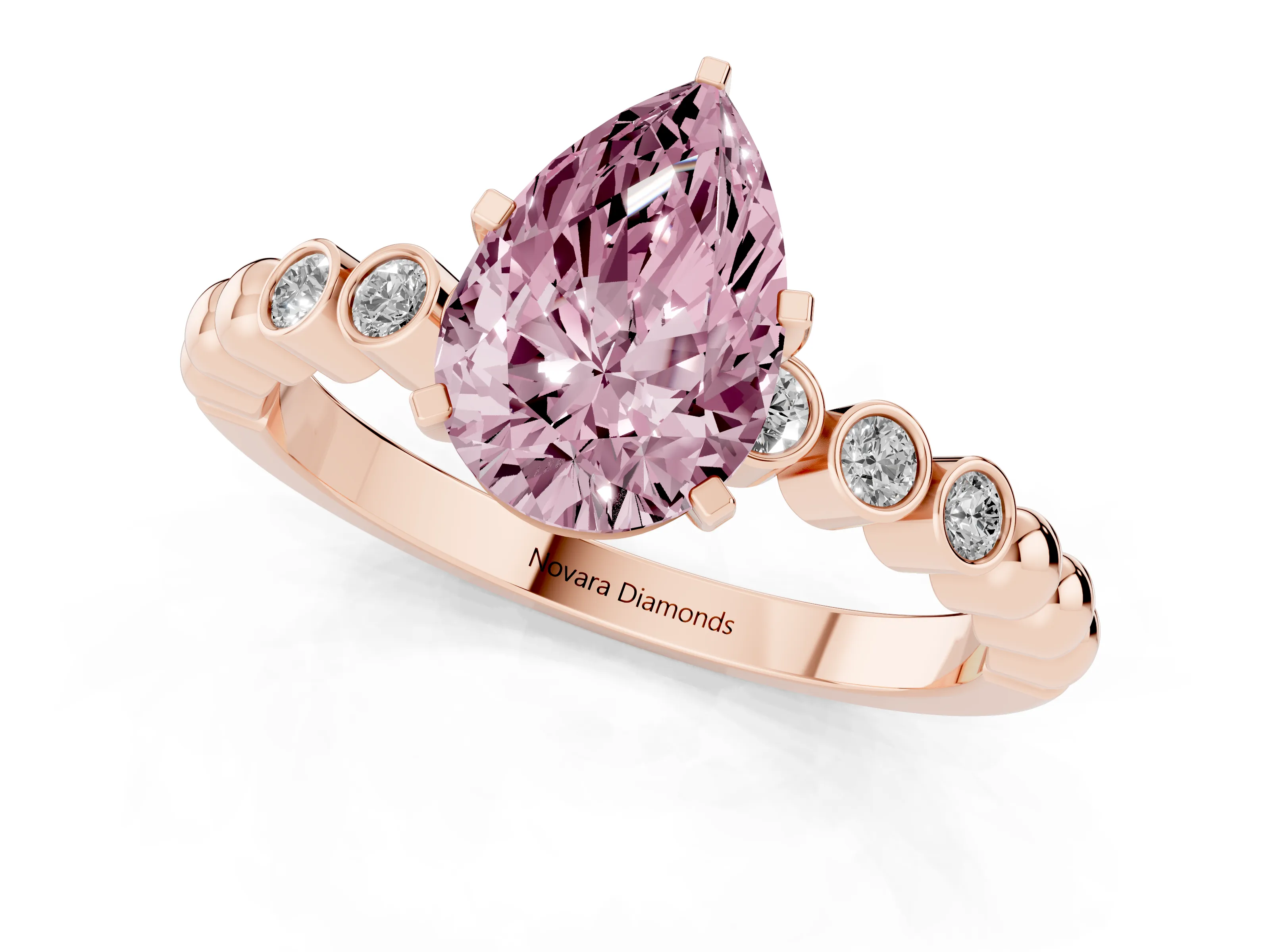 Fancy Pink Pear Cut Diamond Solitaire Engagement Ring Set in Rose gold with Bezel Accents on Beaded Band – second view