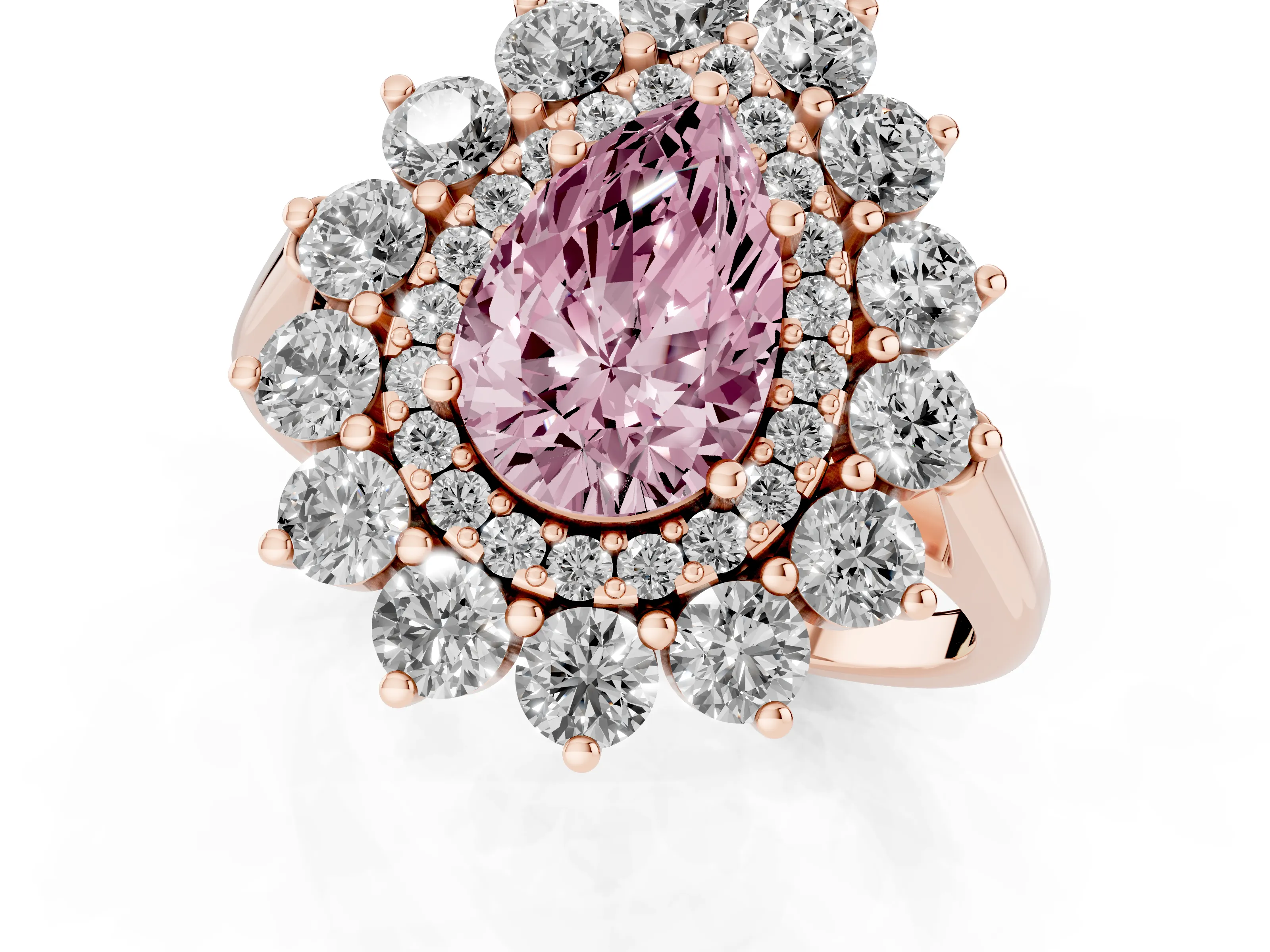 Fancy Pink Pear Cut Diamond Floral Double Halo Ring Set in Rose gold with Round Petals