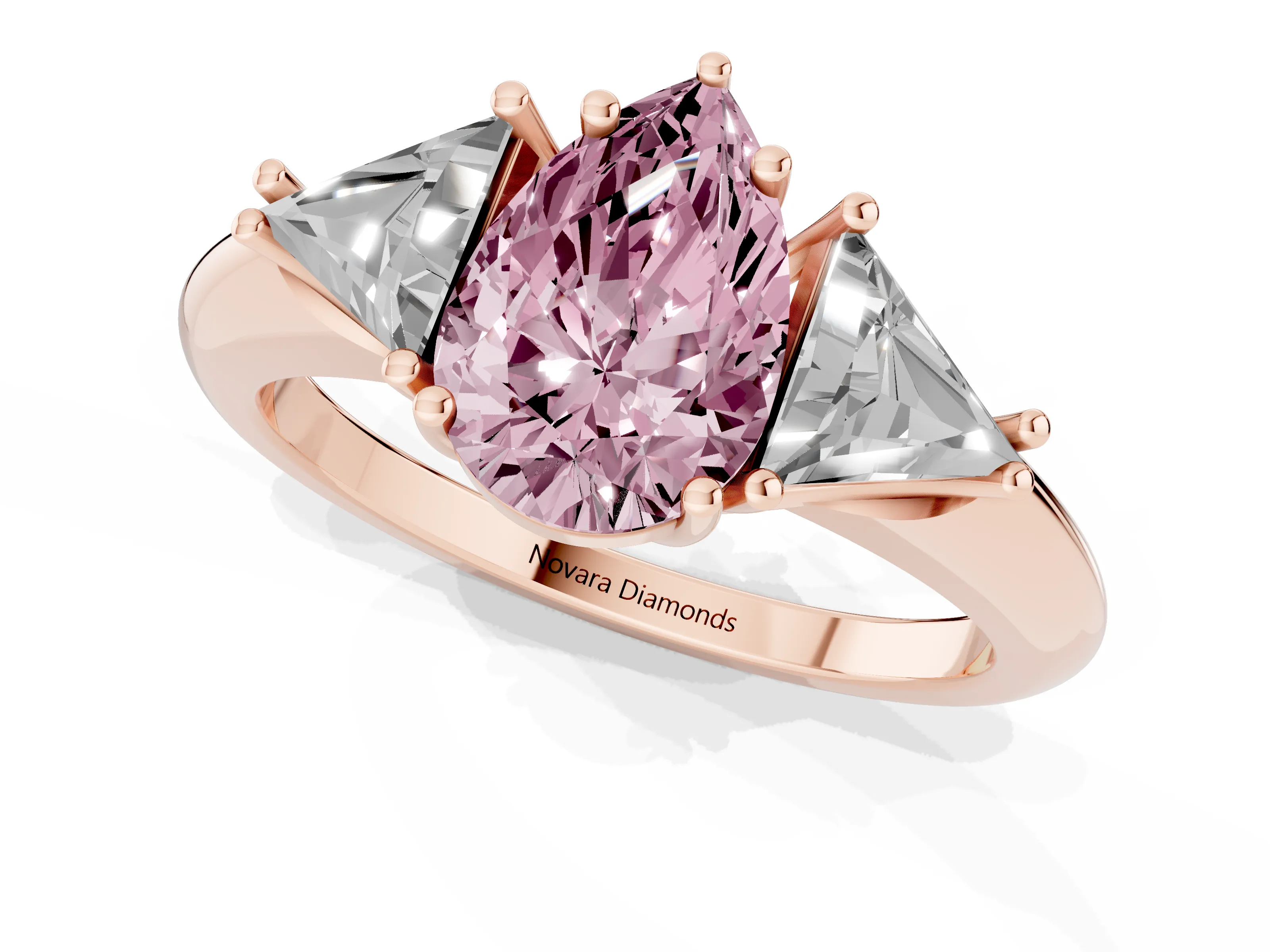 Fancy Pink Pear Cut Diamond Three-Stone Engagement Ring Set in Rose gold with Trillion Side Stones