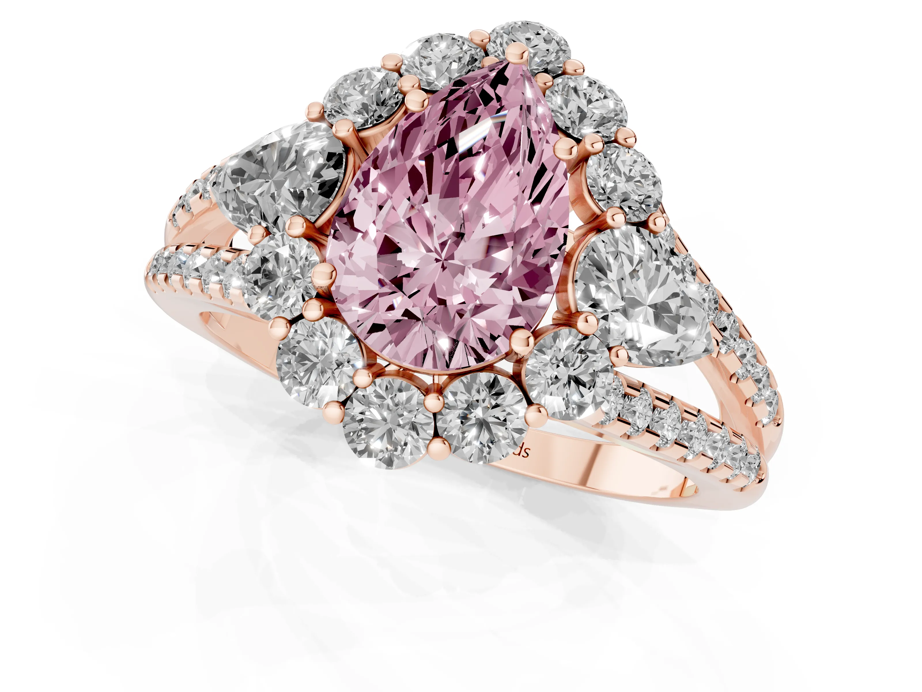Fancy Pink Pear Cut Diamond Halo Split Shank Engagement Ring Set in Rose gold with Prong-Held Center Stone