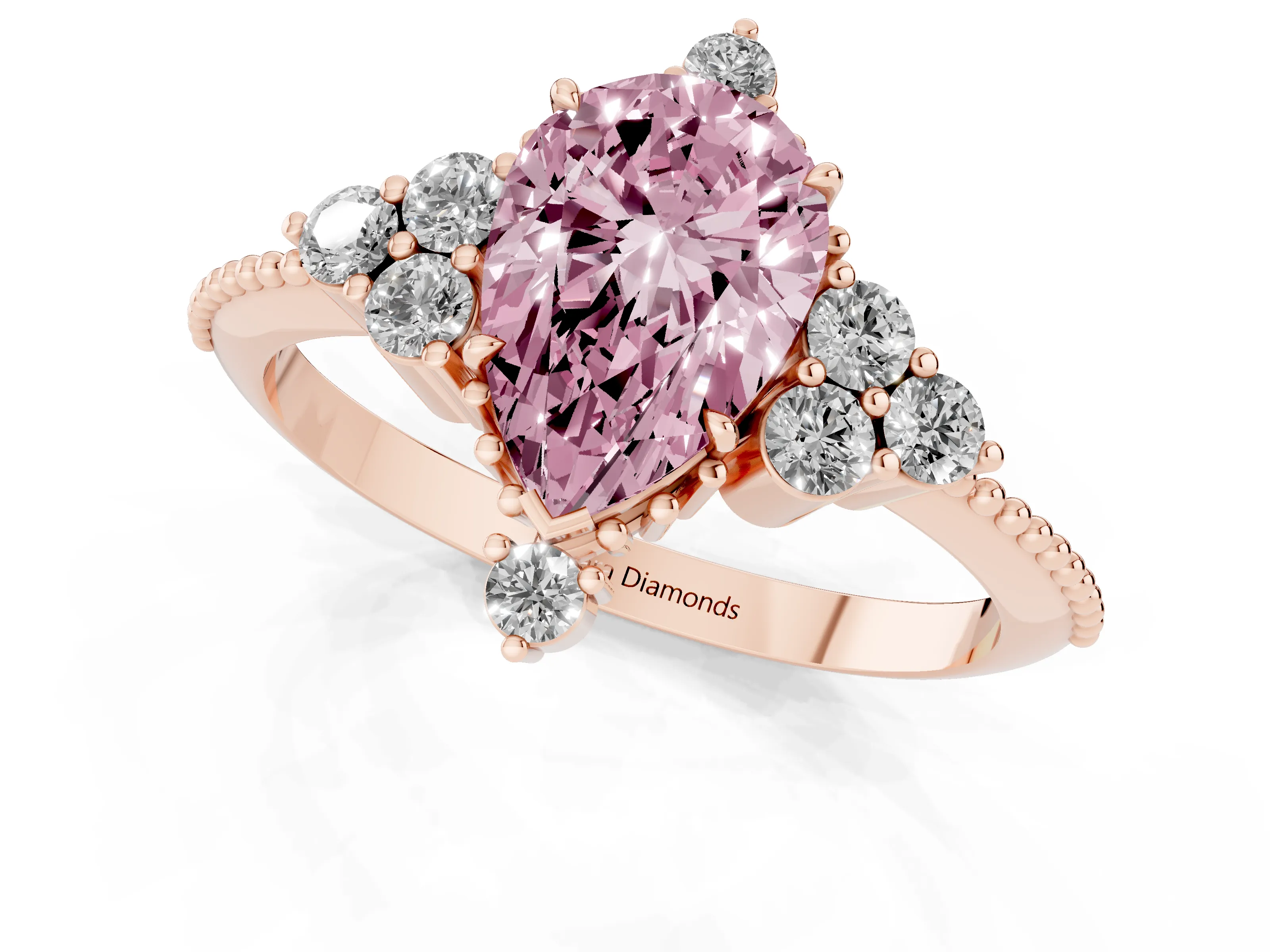 Fancy Pink Pear Cut Diamond Cluster Ring Set in Rose gold with Beaded Band