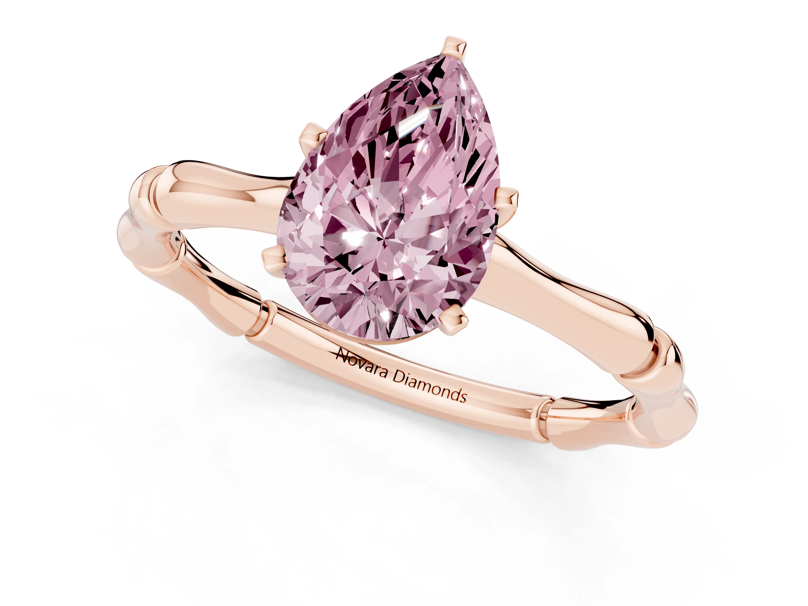 Fancy Pink Pear Cut Diamond Solitaire Ring Set in Rose gold with Bamboo Band and Prong Setting