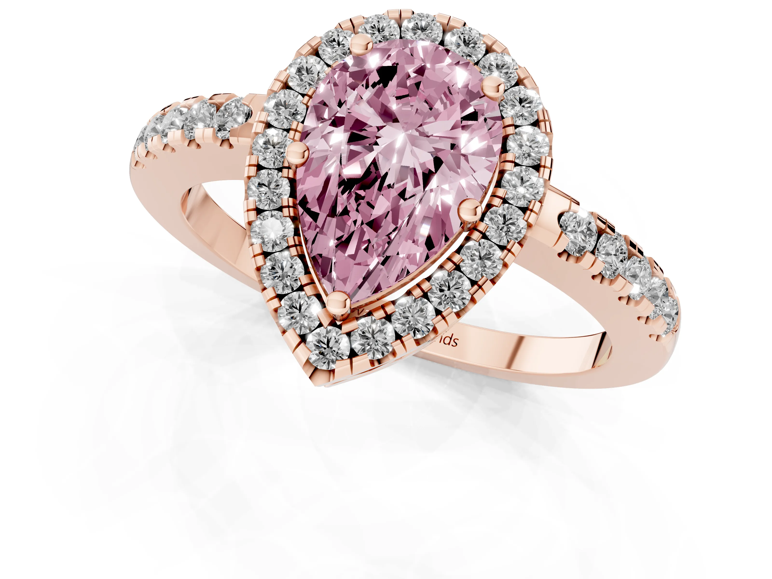 Fancy Pink Pear Cut Diamond Pavé Band Halo Engagement Ring Set in Rose gold with Prong Setting